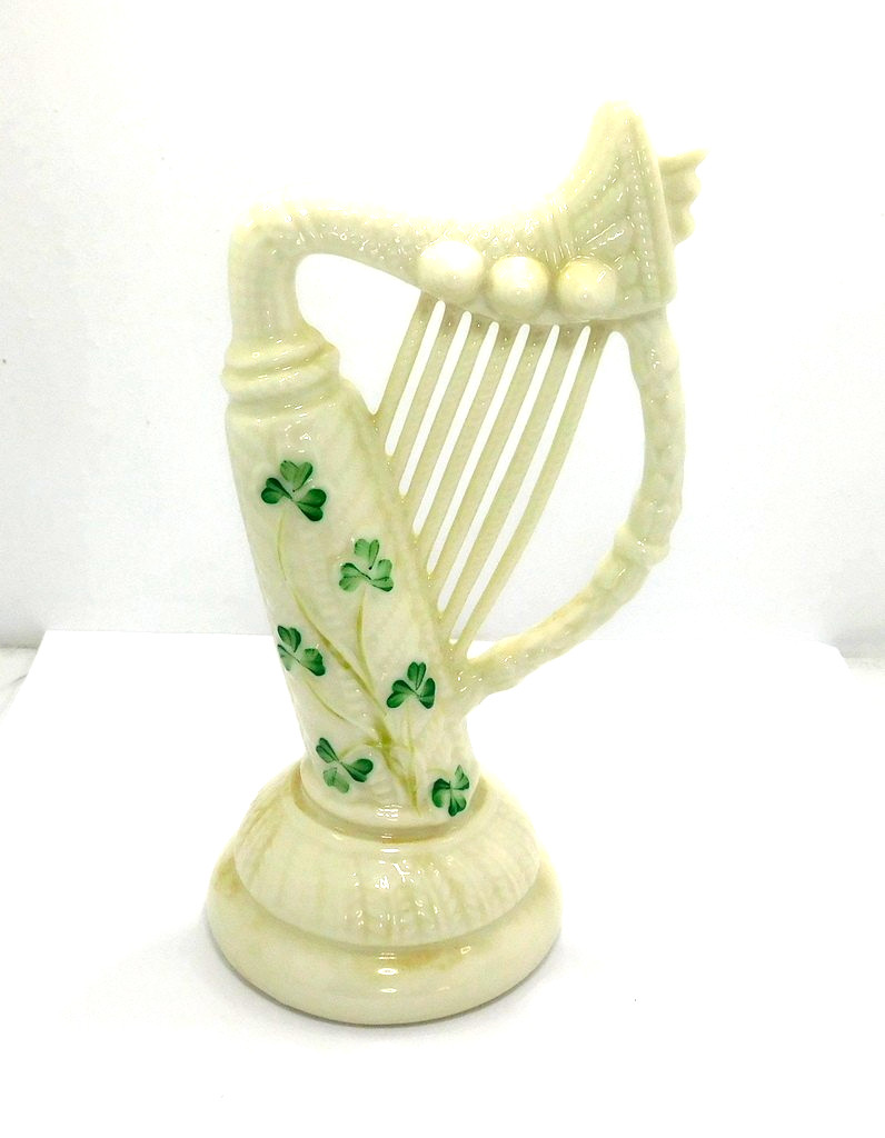 Belleek Ireland Porcelain Harp Figurine • Shamrock Pattern • Cream & Green