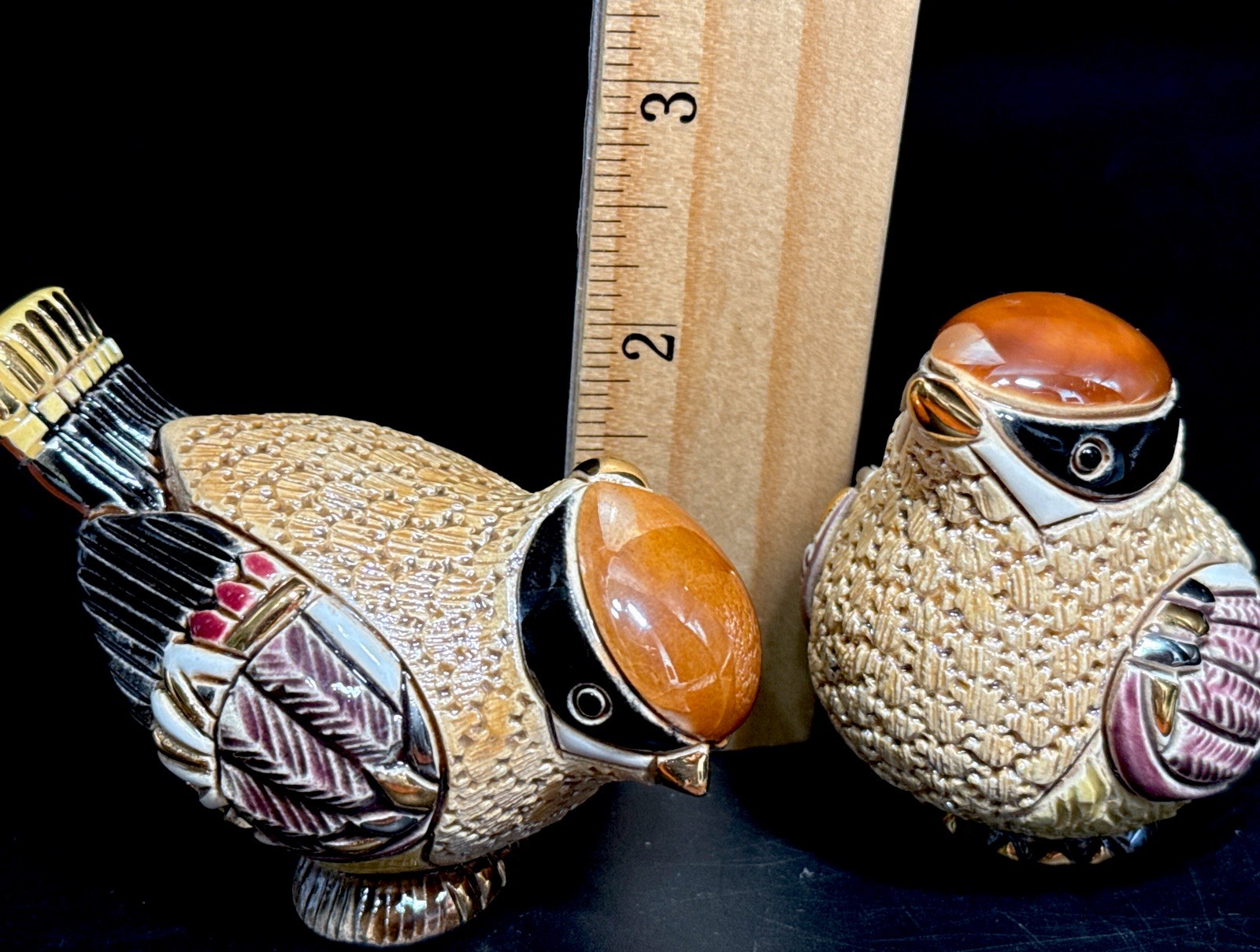 De Rosa Rinconada ~ Handmade Stoneware 2 WAXWING BIRDS ~ w/ Gold Accents 2 1/4″