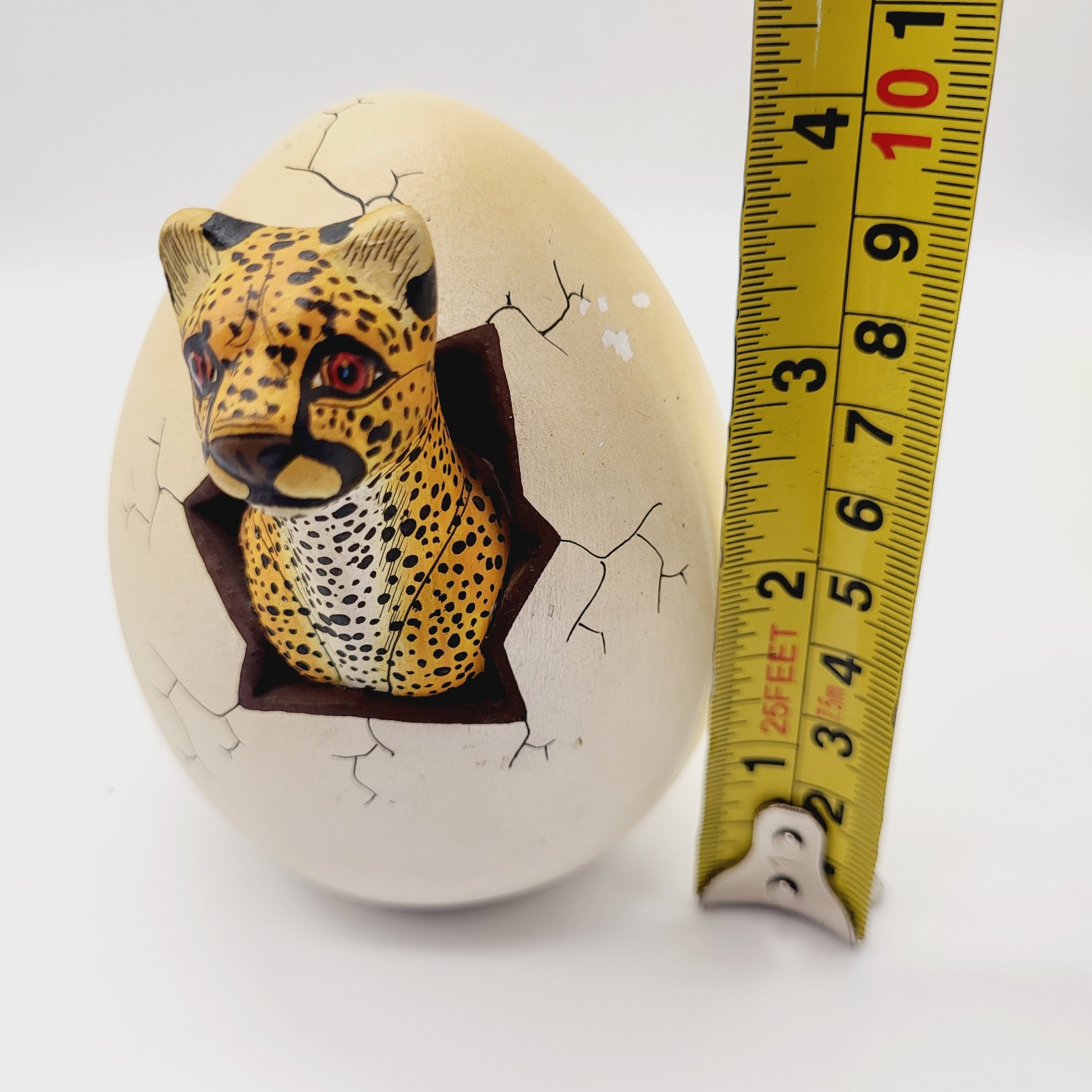 Leopard Feline Hatching Egg Ceramic Statue/Figurine Mexico Mexican Folk Art 4″