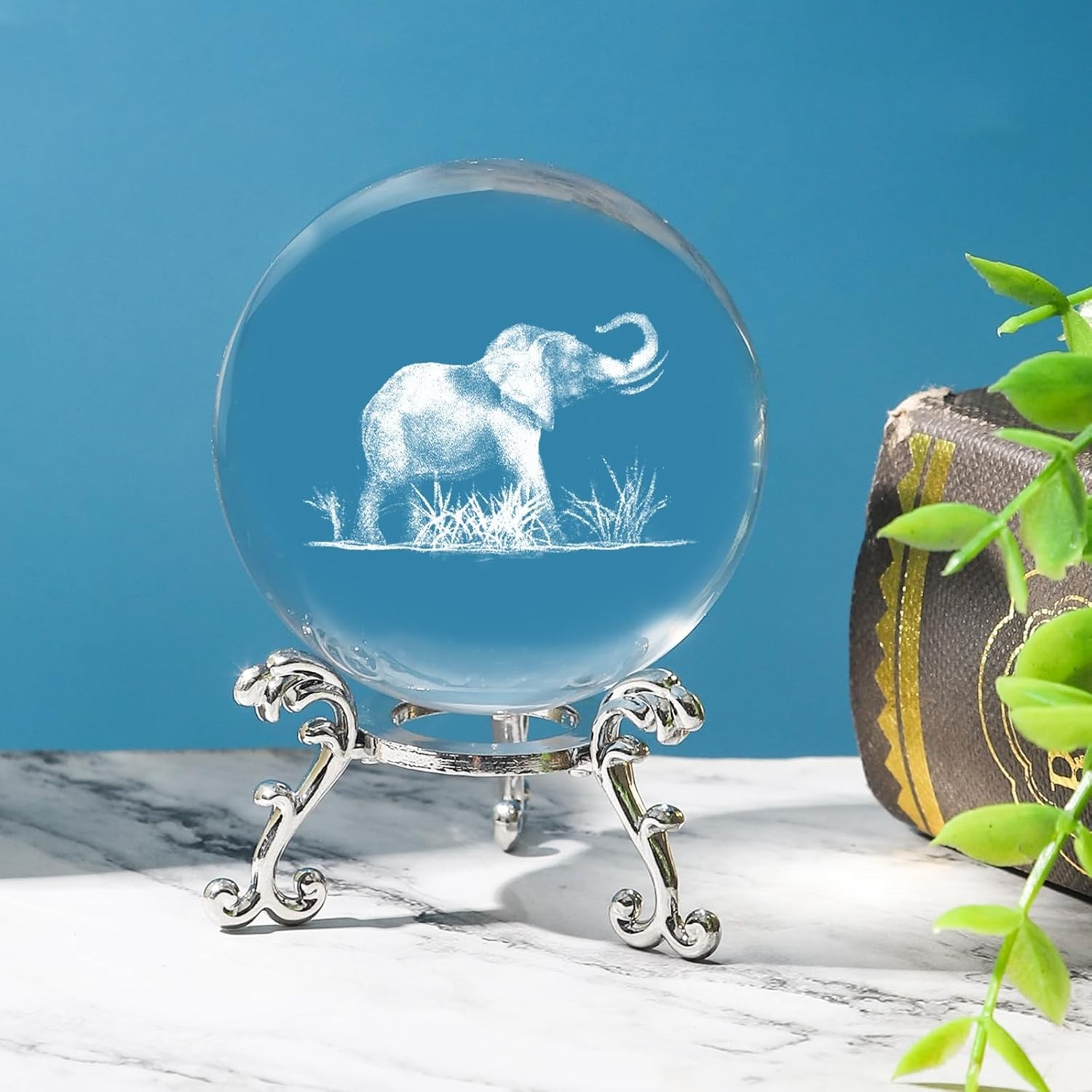 3D Elephant Crystal Ball with Stand Lase Engraved Glass Sphere 2.36 inch
