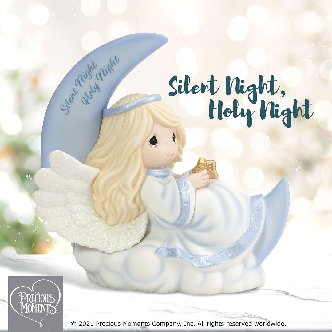 ✤ New PRECIOUS MOMENTS Figurine SILENT NIGHT HOLY NIGHT Angel Moon Cloud Star