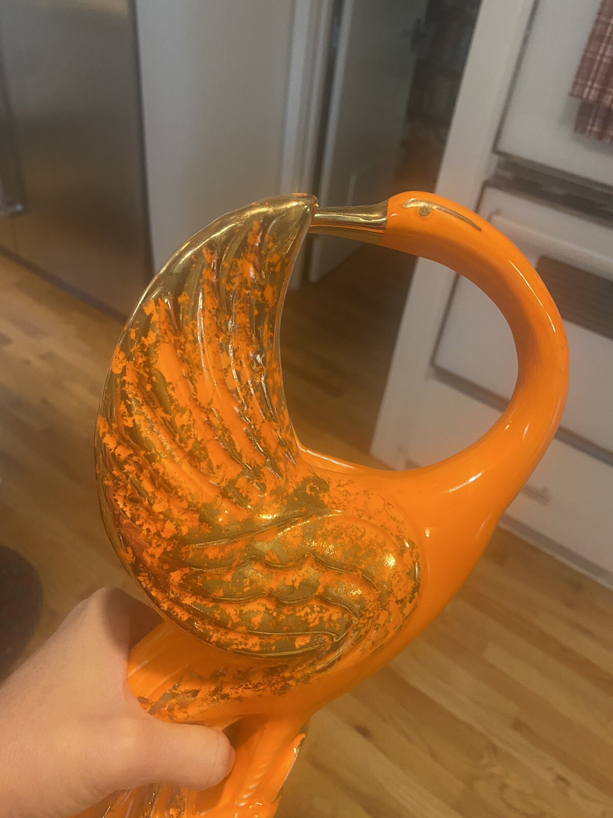 LARGE Vintage Mid Century Modern Orange Gold Ceramic Peacock Statue & Dish CALIF