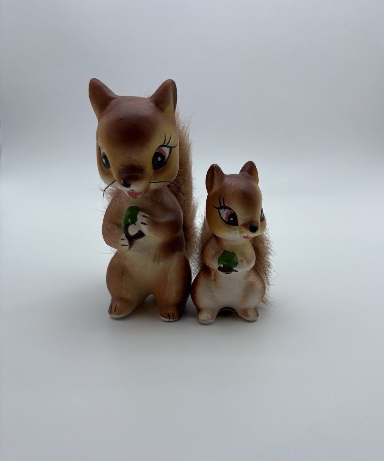 2 Vintage MCM Ceramic Squirrel Chipmunk Figurines Fur Tails 50s Baby Kitschy