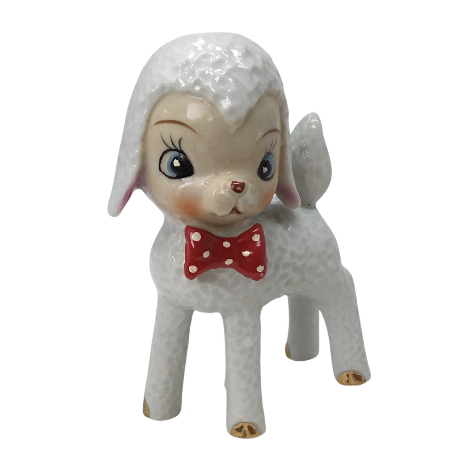 Vintage Athropomorphic White Lamb Red Bow Tie Figure Figurine Japan MCM 50s 60s