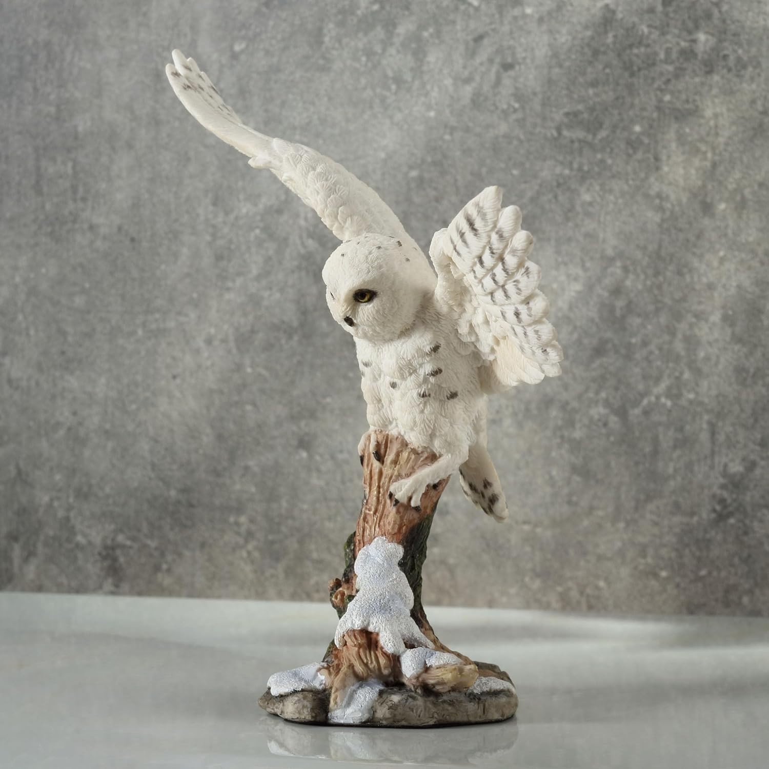 Polystone Snowy Owl Spread Wings Perching On Branch Home Decorative Figurine