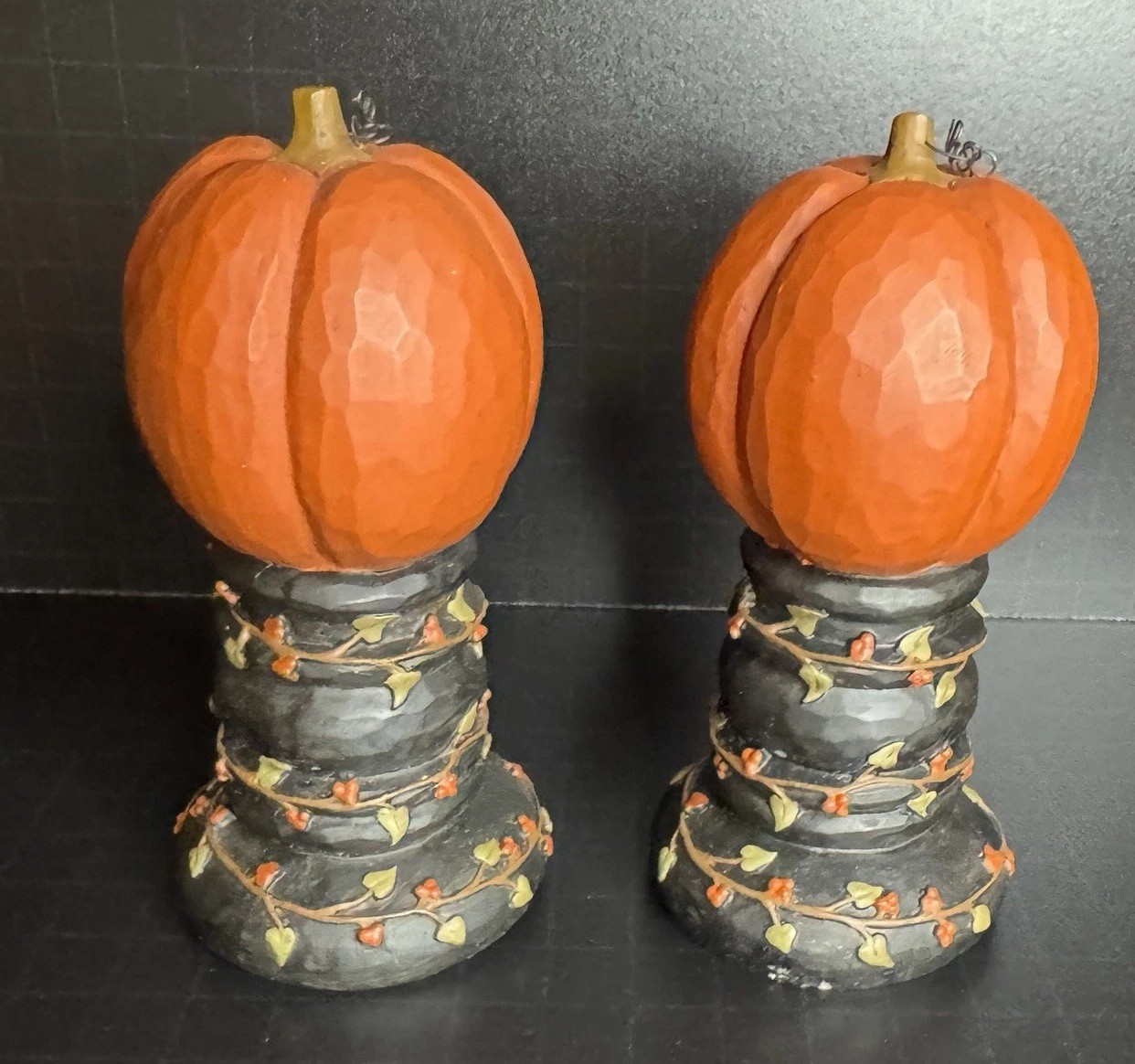 Blossom Bucket Primitive Pumpkins on Pedestal Set Fall Suzi Skoglund 2007 Rare