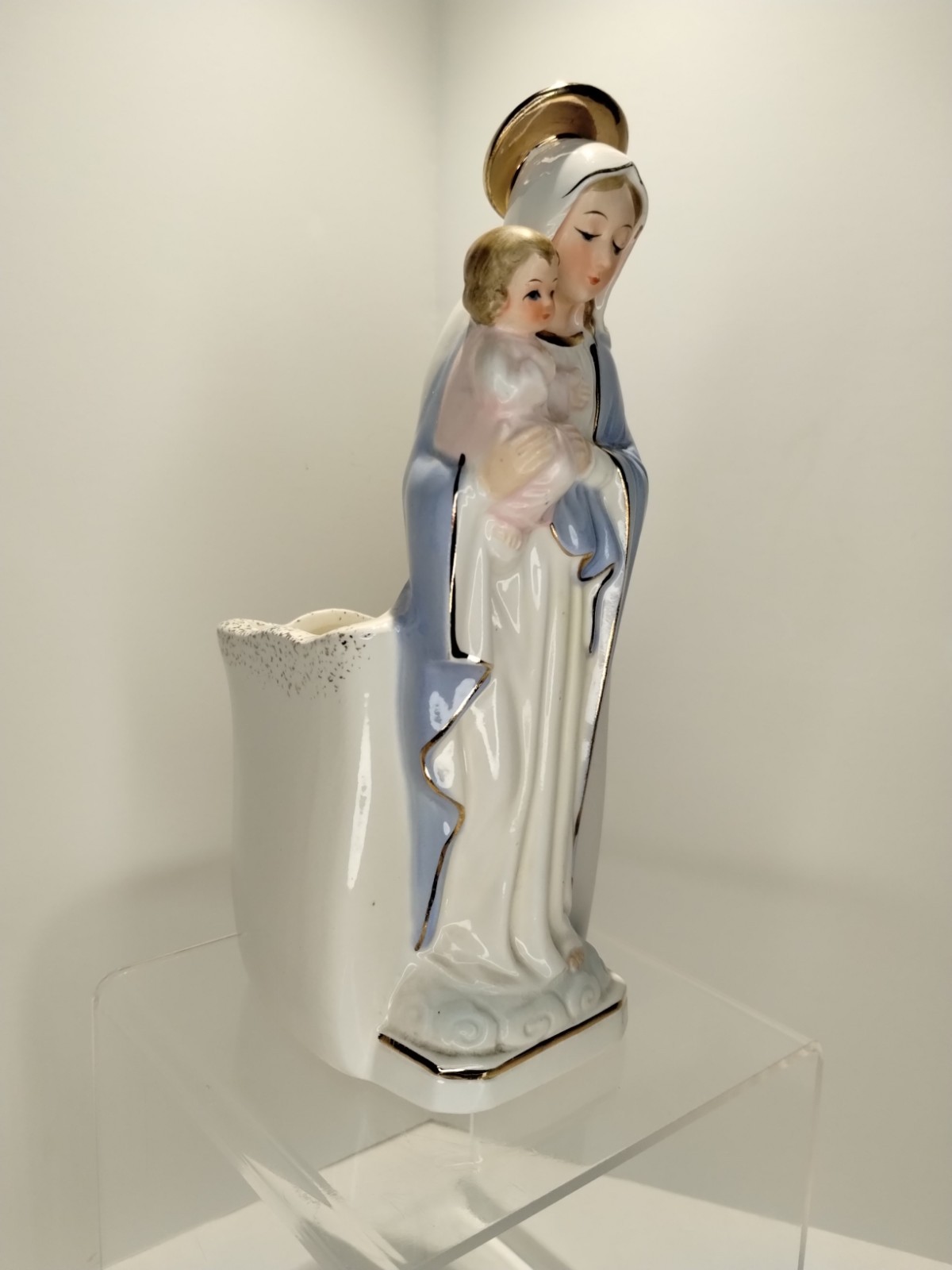 Vtg Lefton China Mother Mary Madonna and Jesus Child Baby 7337 Standing Planter