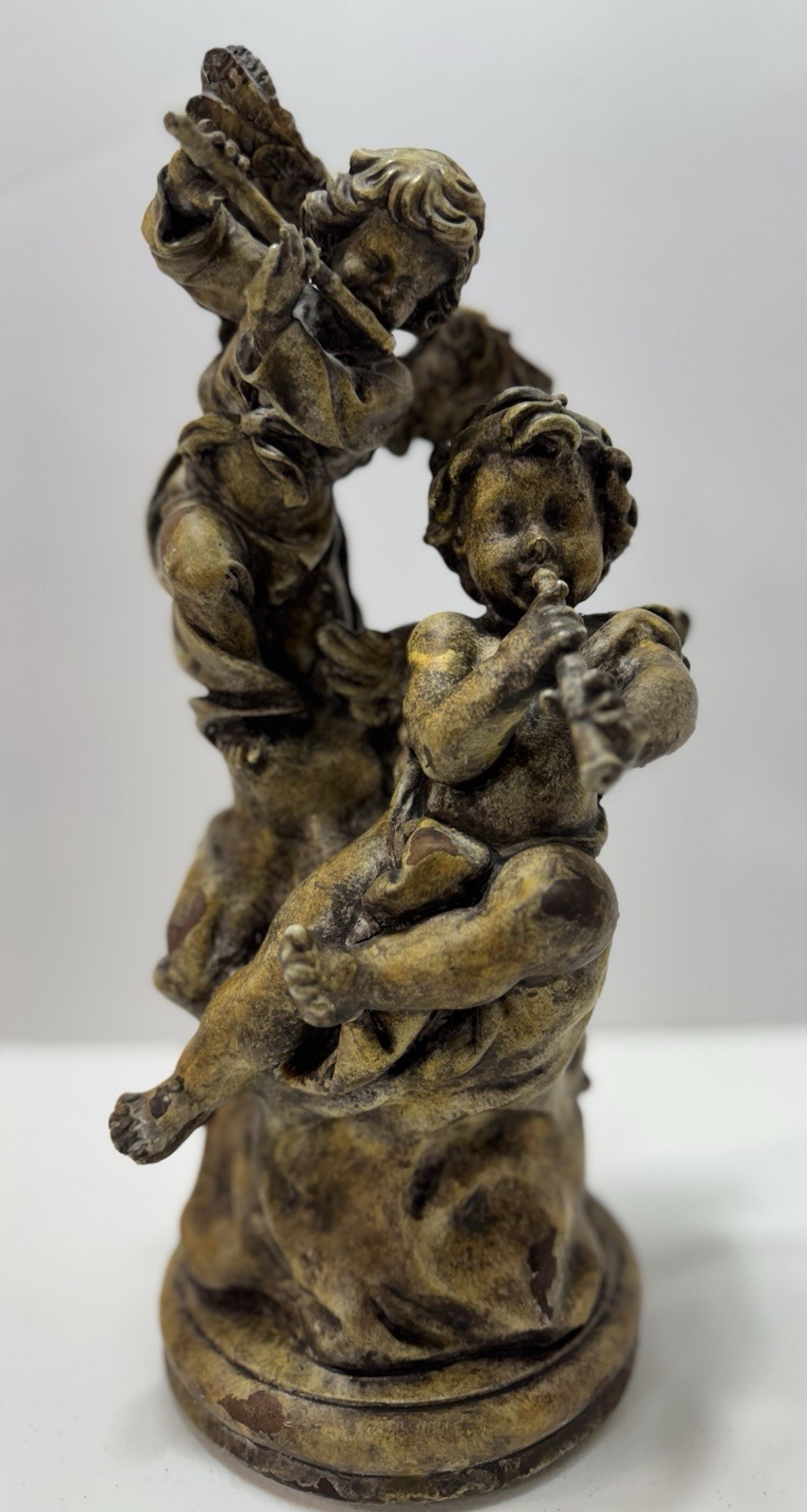 Antique Gold Cherub Statue Baroque-Style Angel Figurine with Musical Instruments