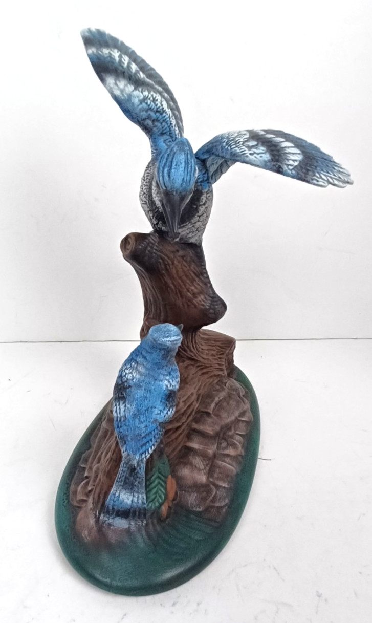 Vtg 1987 Handmade Mikes Mold Ceramic Blue Jays on Log Figurine Matte Glaze 10″