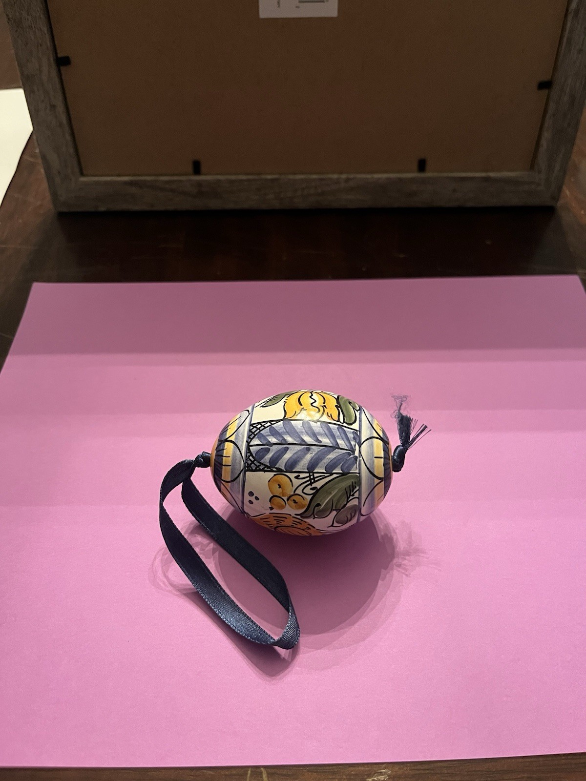 Ceramic Decorative Egg 3 Inch Length Blue And Yellow Mediterranean Decor