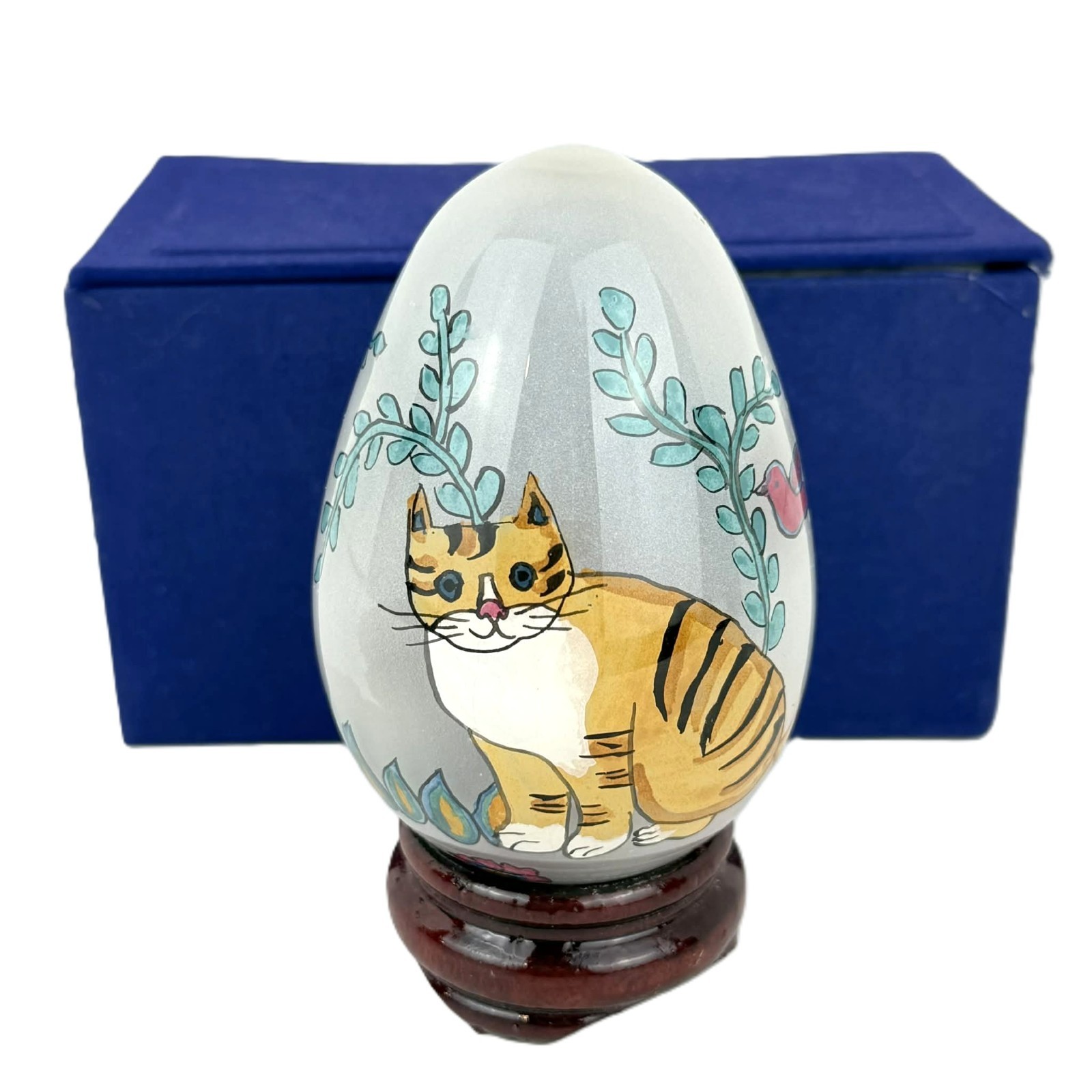 Vintage 1991 Treasured Visions Hand Blown Reverse Painted Glass Egg Cat w/ Box
