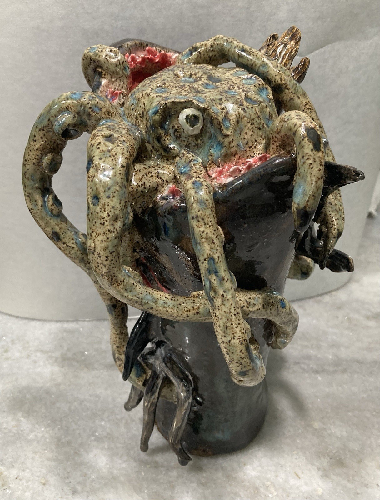 Surreal Southern Folk Art Face Jug Monster Shark Eating Octopus Pottery OOAK