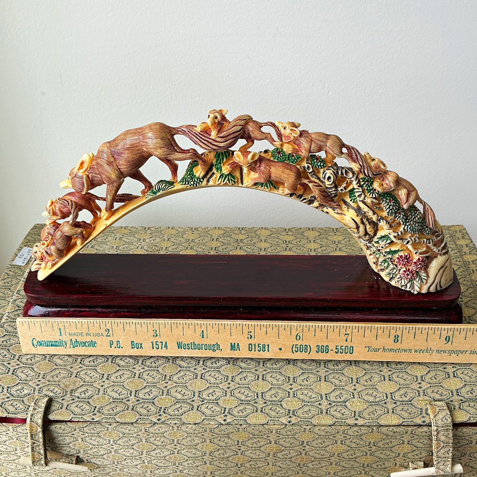 Ivory color Group animal Arch Sculpture on Dark Wood Base Brown Beige Green