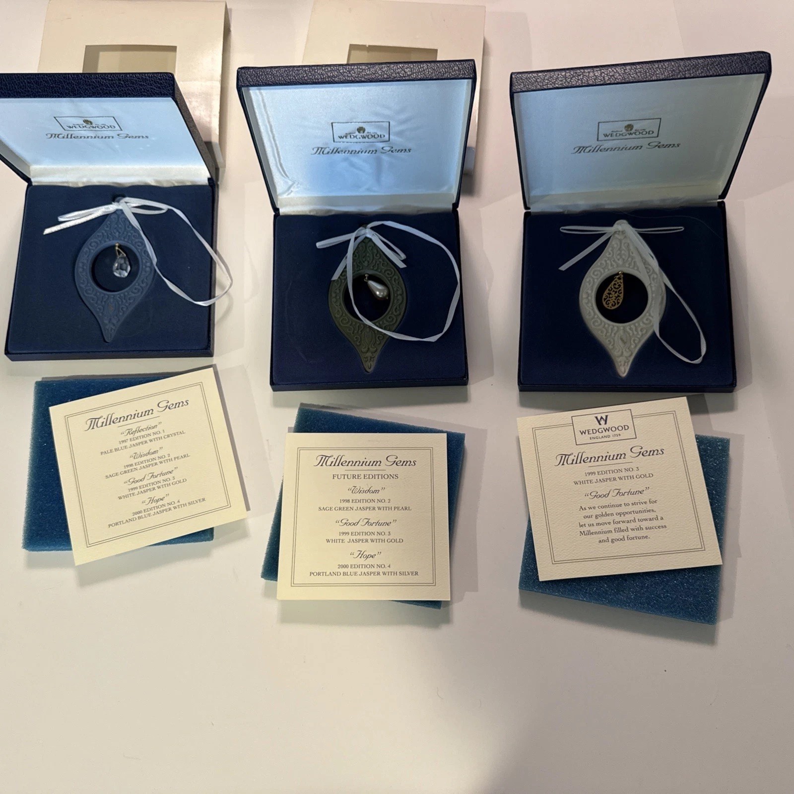 Wedgwood Millennium Gems Christmas Ornaments w/boxes 1997 1998 1999