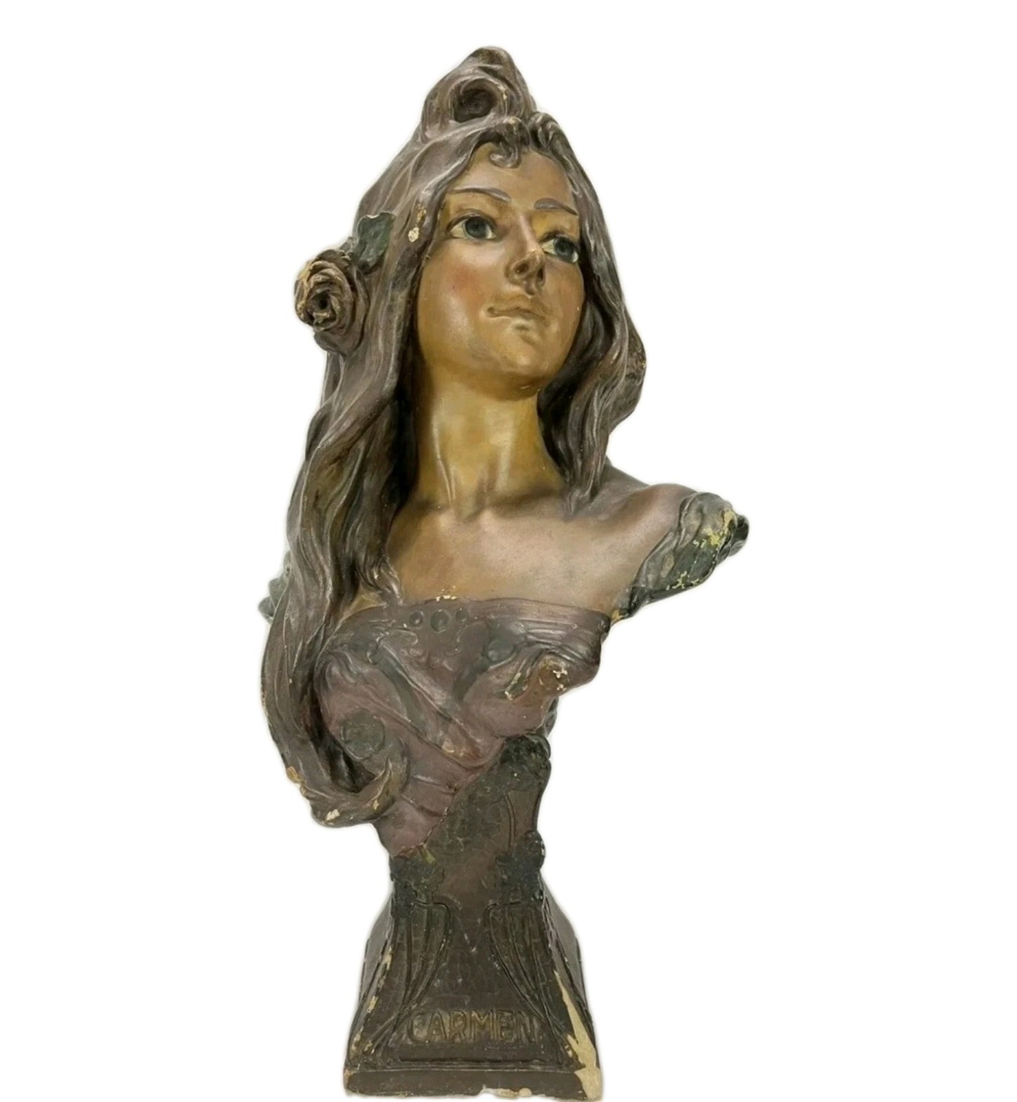 Antique Victorian Art Nouveau Plaster Chalkware Bust Statue Woman Original Paint