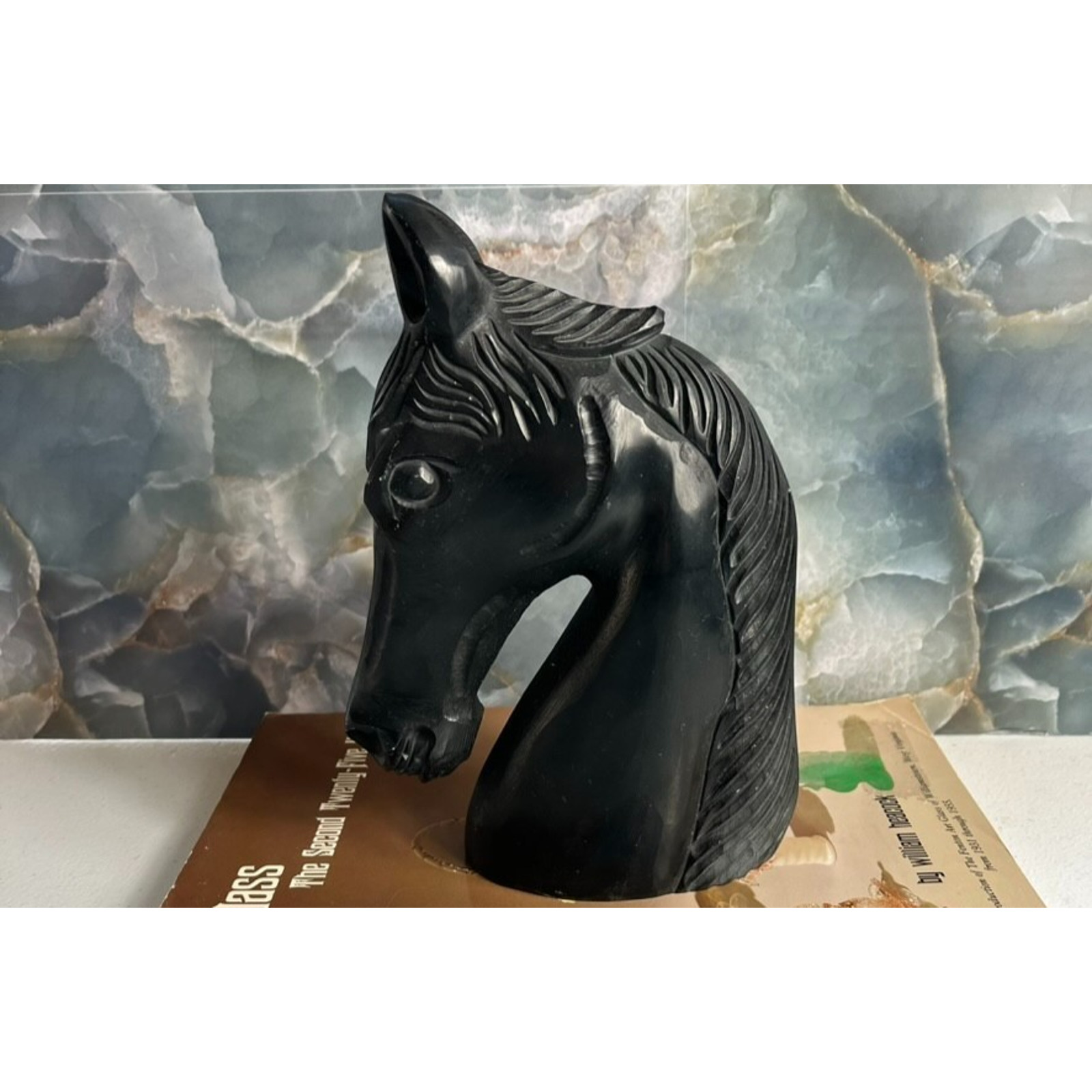 Vintage Hand Carved Black Stone Horse Head Statue Sculpture 8.25″