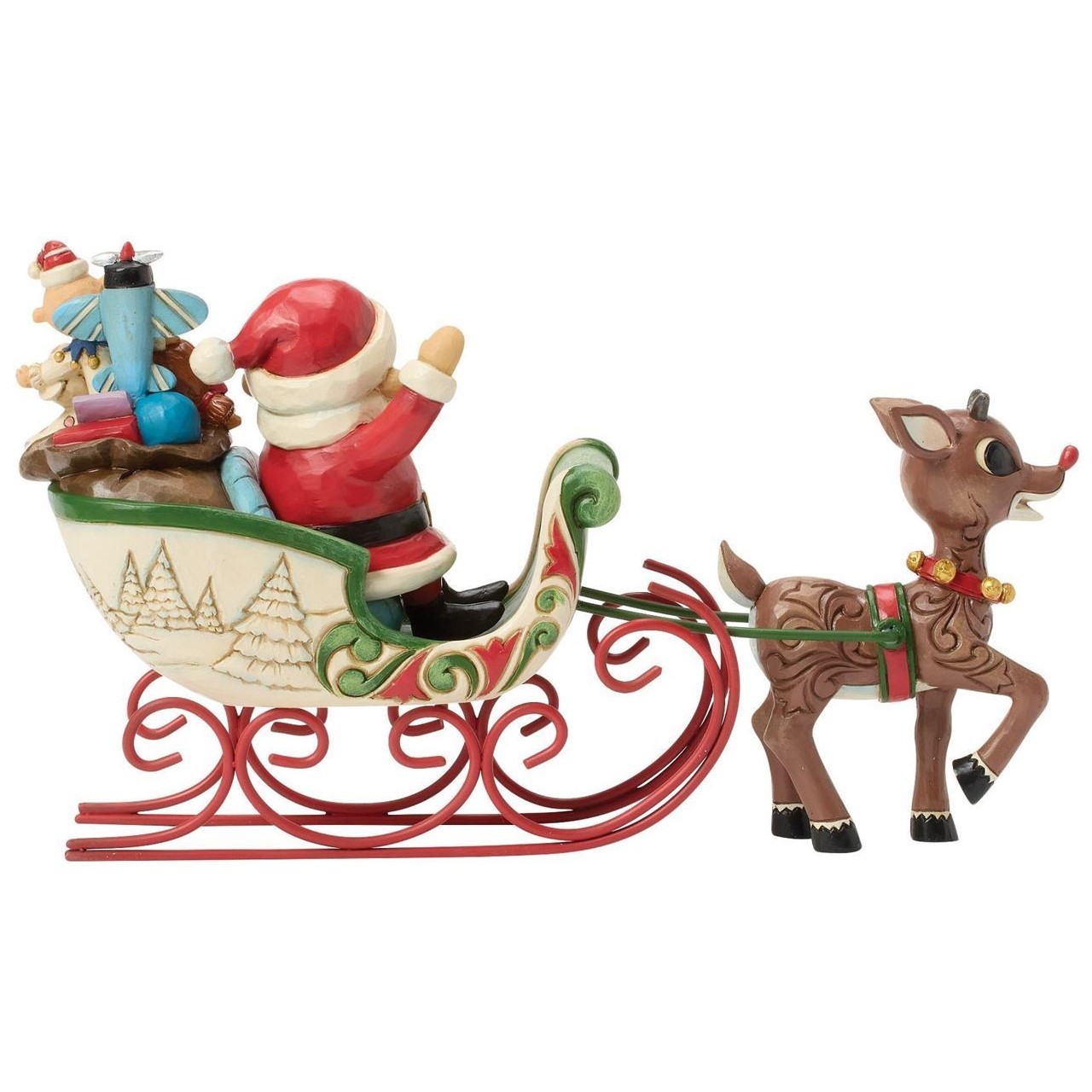 ❦ New JIM SHORE Christmas Figurine RUDOLPH PULLING SANTA SLEIGH Toys Reindeer