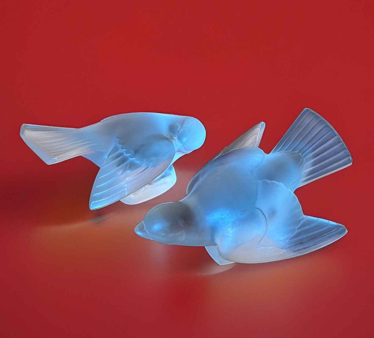Lalique France Pair of Crystal Glass Frosted Sparrow Dove Birds Figurines Signed