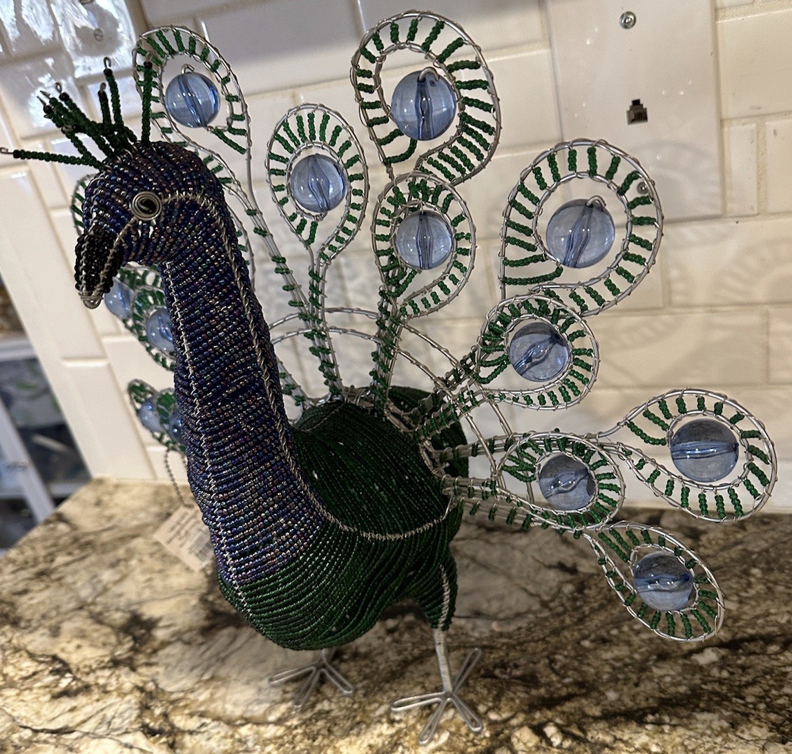 Beadworx Beaded Peacock Figurine Wire Glass Beads Art Freestanding Bird 16×13