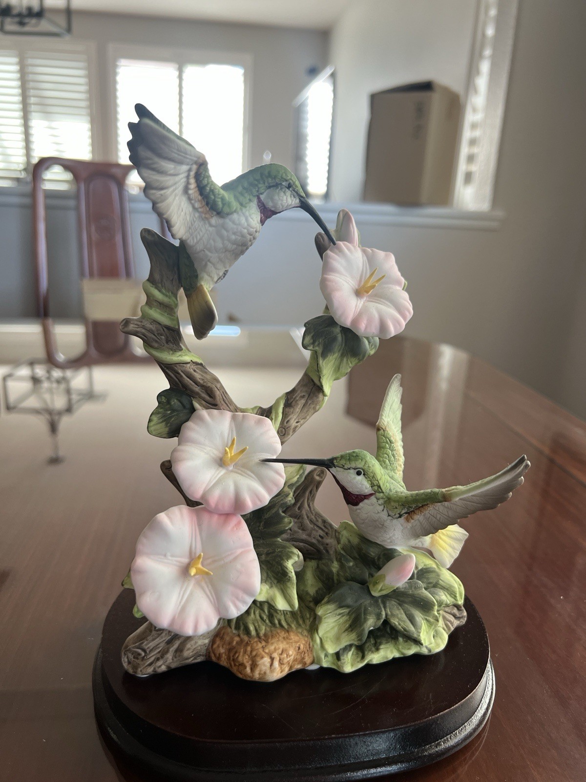 Gorgeous Hummingbirds With Multi color Flowers On Branch Porcelain With Stand