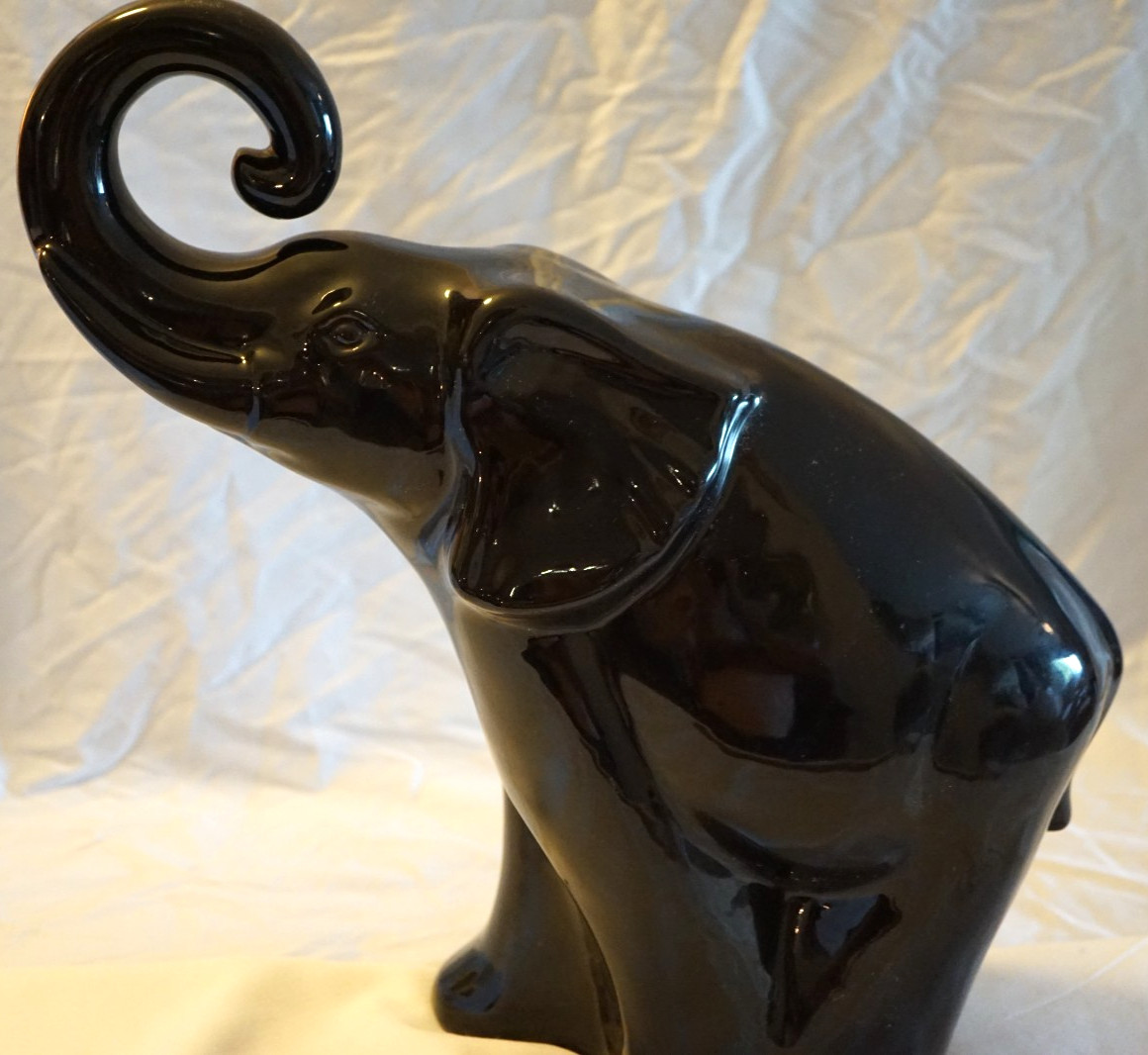 HAEGER LARGE CERAMIC SHINY BLACK ELEPHANT STATUE 17″ TRUNK UP #450