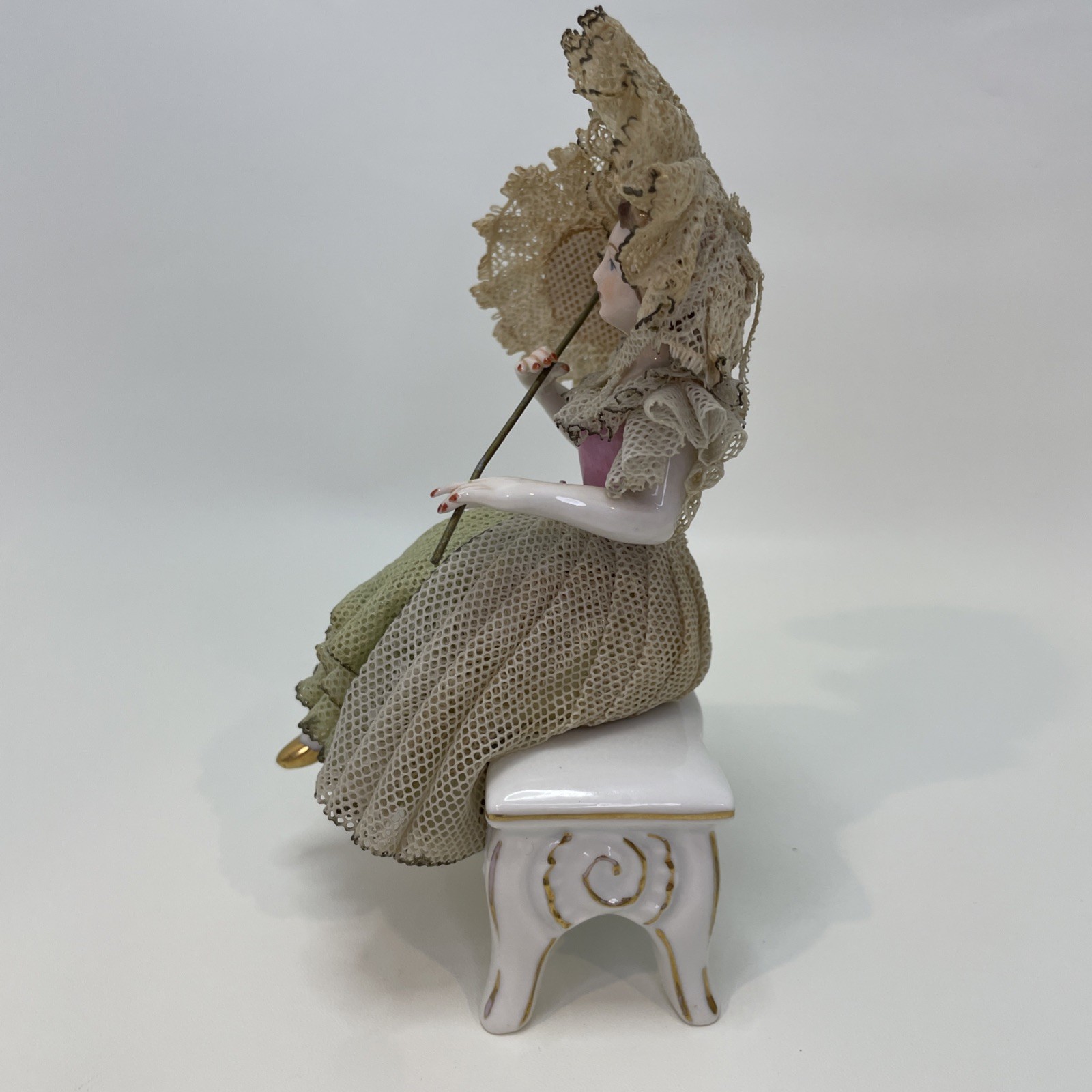 Vintage Porcelain Figurine Lady Fabric Lace Dress Umbrella Parasol Bench Sitter