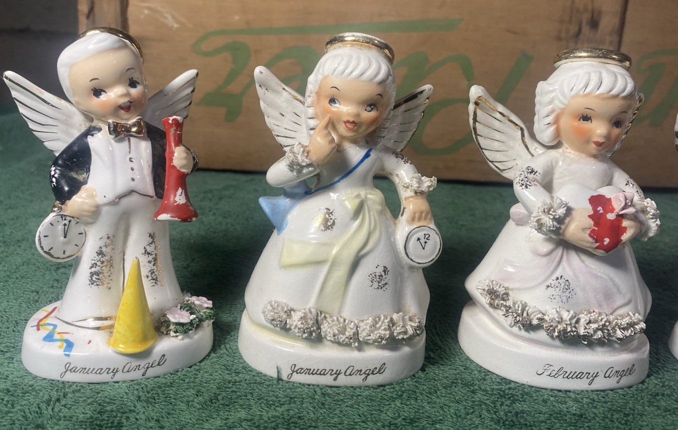 Lot of Napco Vtg Hand Painted Monthly Angel Figurines 2xJan, 2xFeb, 1xApr, 1xJun