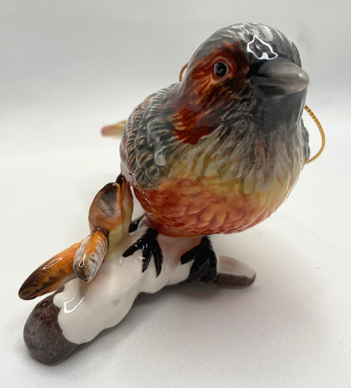 Orange Brown Grey Yellow Ceramic Hanging Ornament Bird On Snowy Branch Figurine