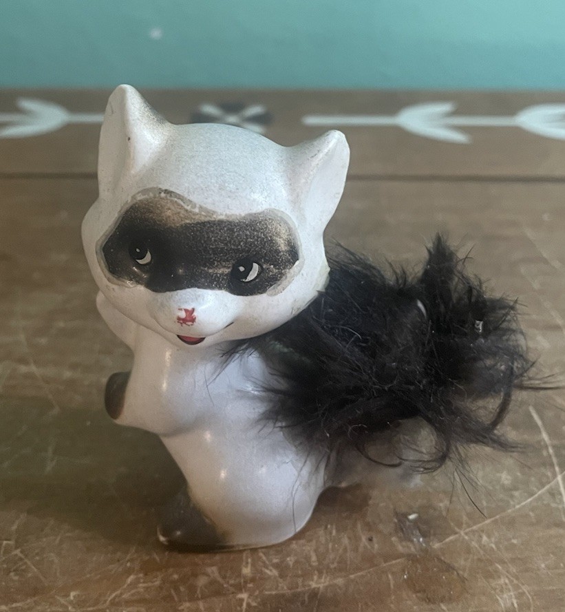 Vintage Enesco Ceramic Raccoon Figurine With Fur 2 3/4 X 3 Chipped As Found