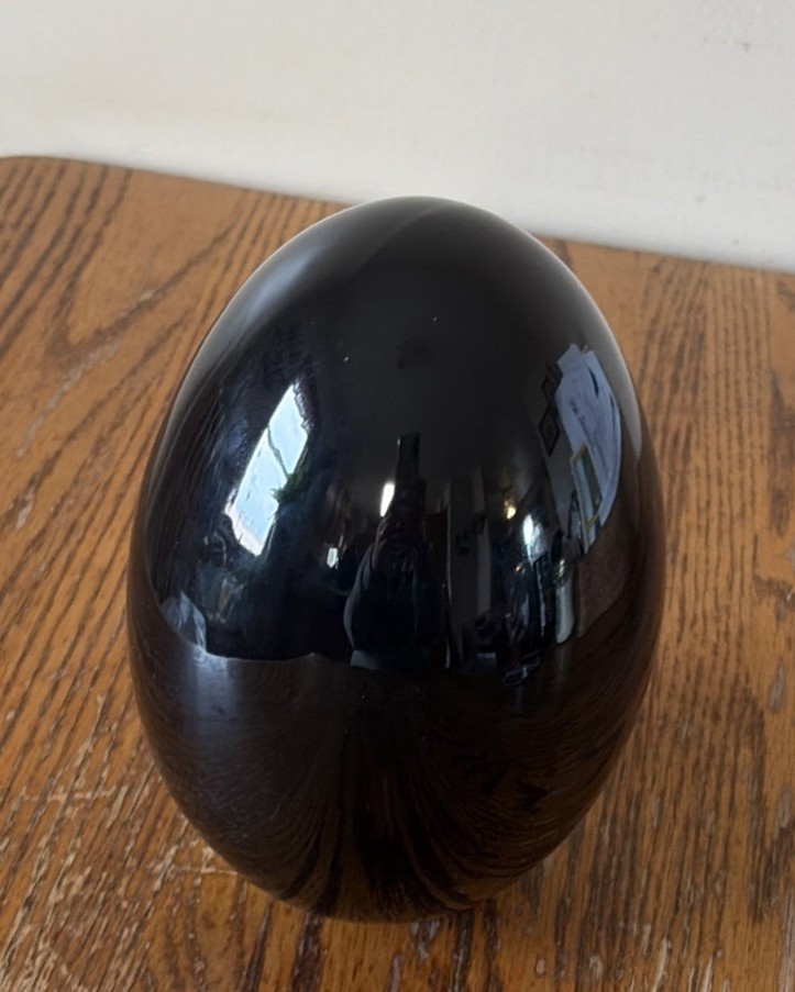 Large Porcelain Black Lacquer Egg White Swan & Gold Folk Art