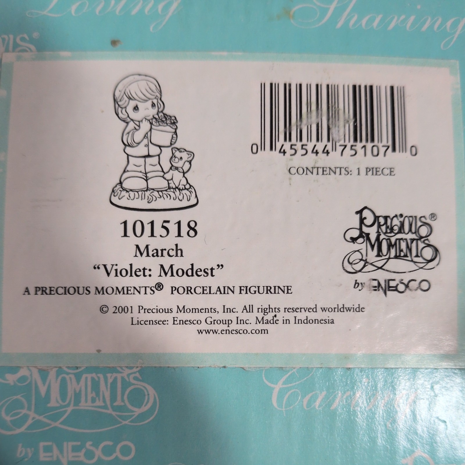 Precious Moments Girl Figurine 101518 ‘March Violet Modest’ w/ Cat 2001