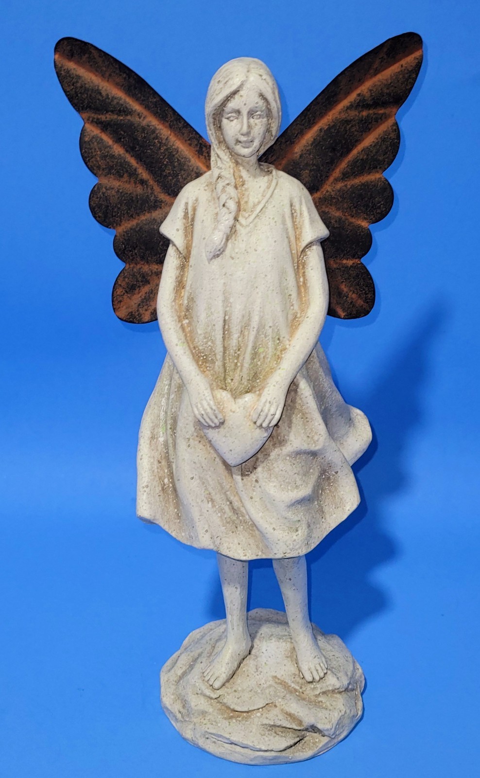 VTG-Garden Fairy Statue-Distressed White Finish & Rusted Metal Wings 12″ Tall