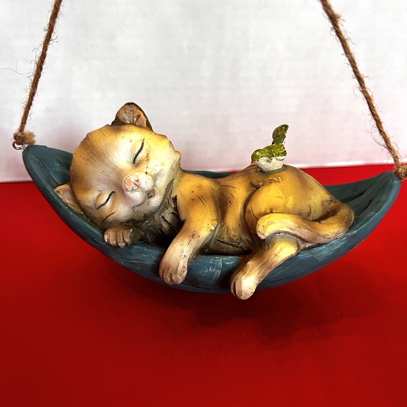 Sleeping Kitten Cat In Leaf Hammock Hanging Figurine 8” With Bird