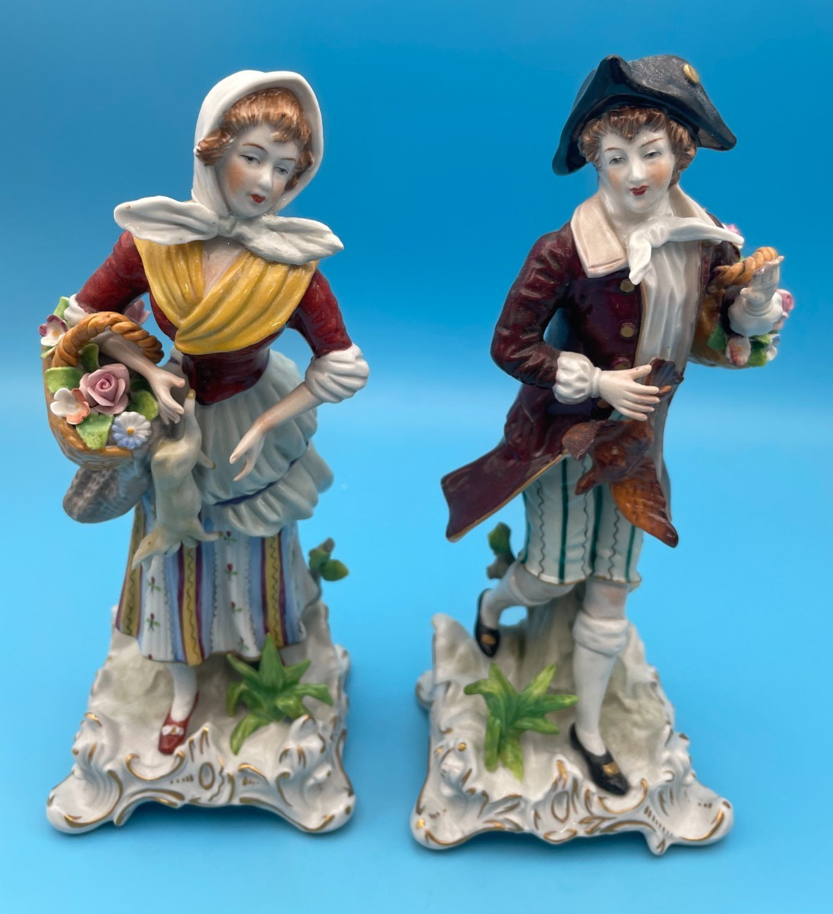 Beautiful Sitzendorf Man Holding Flowers & Bird Woman Holding Flowers & Rabbit