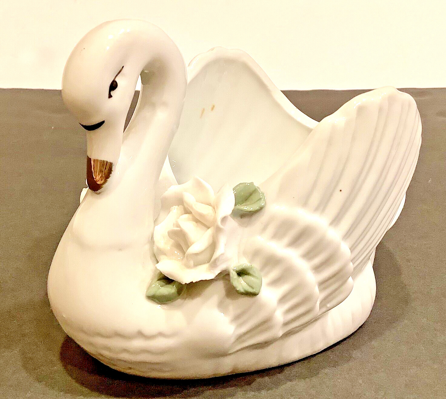 Big 9” SWAN Open Back Vintage Vanity Items or Planter w/Applied Flowers GERMANY
