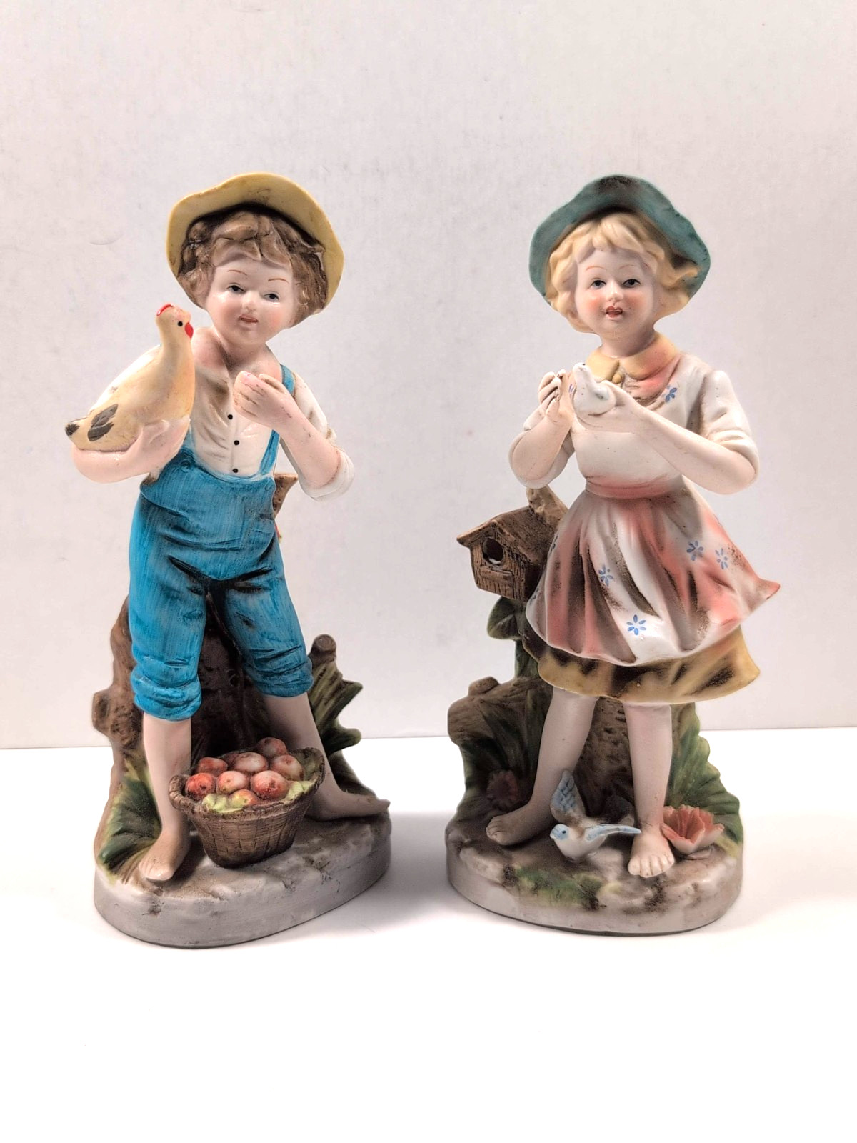 Vintage Homco Porcelain Figurine Lot Country Girl Birds + Farm Boy Rooster