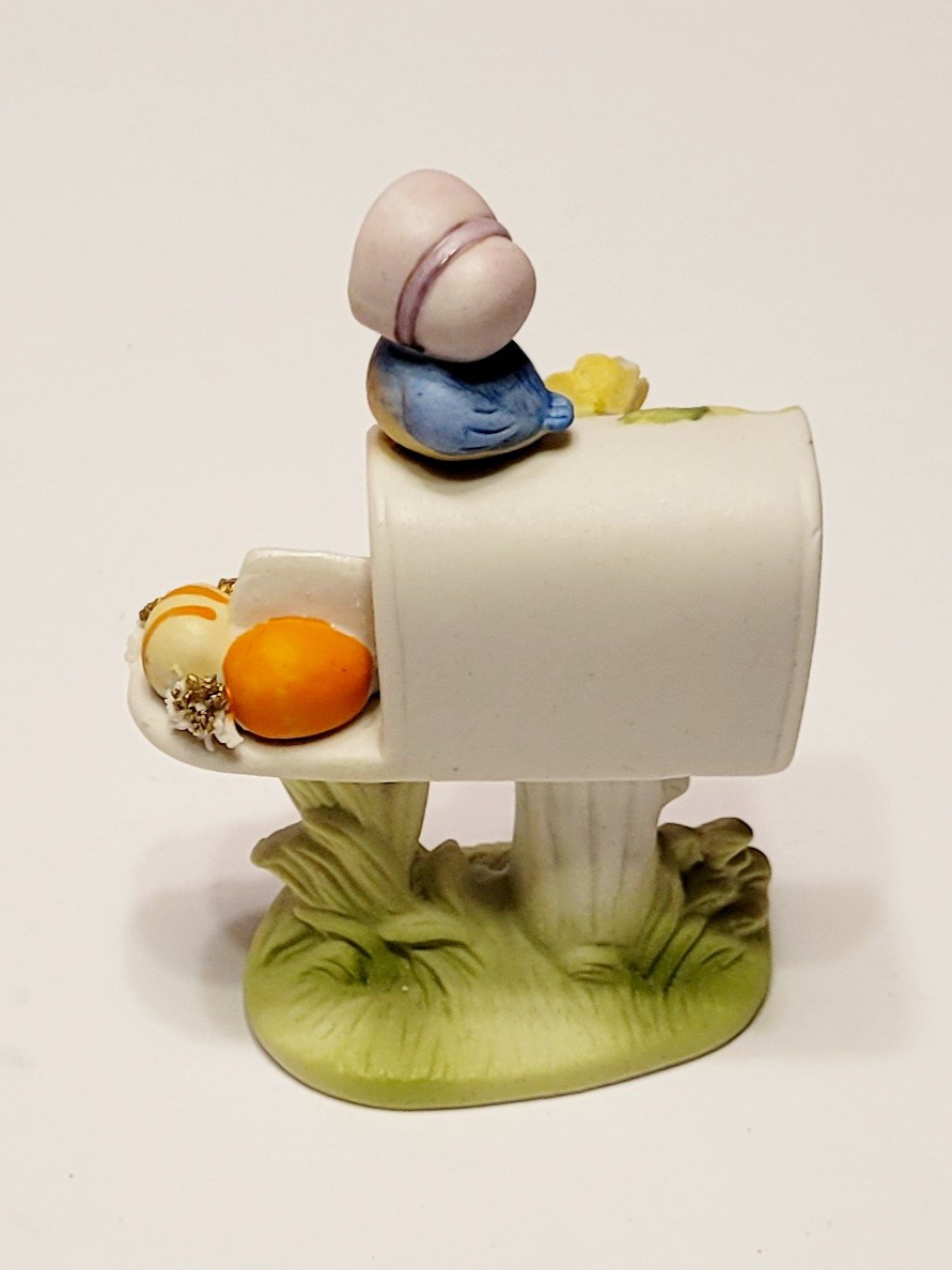 Vintage Enesco Easter Egg Mailbox Blue Bird Figure Figurine Hand Painted Floral
