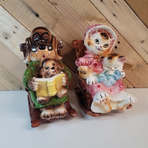 Lefton Piggy Bank Anthropomorphic Dog /Cat + Puppy / Kitten In A Rocking Chair