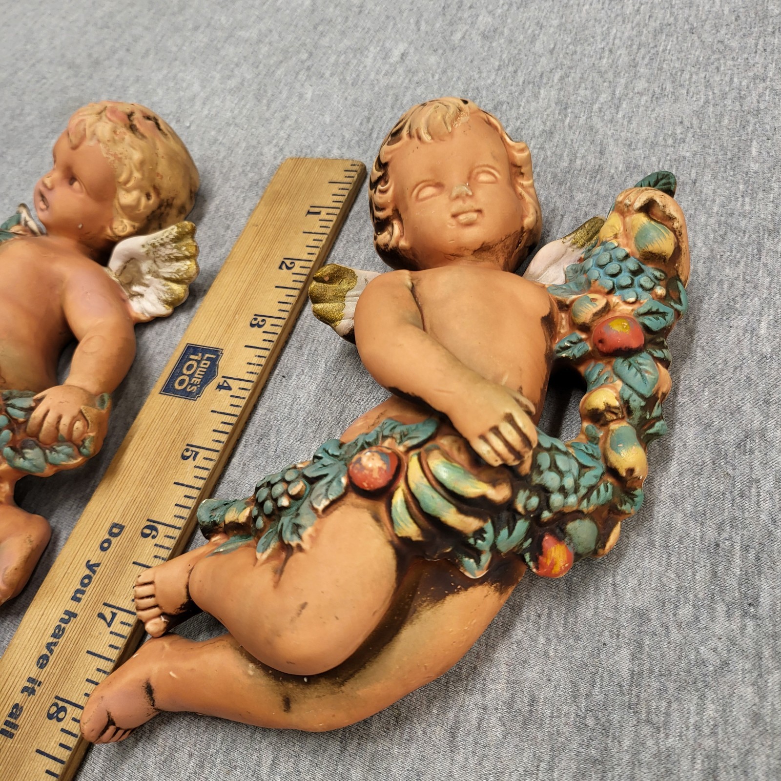 Vintage Ceramic Cherub Putti Wall Plaque Pair Harvest Fruit Angel Set of 2