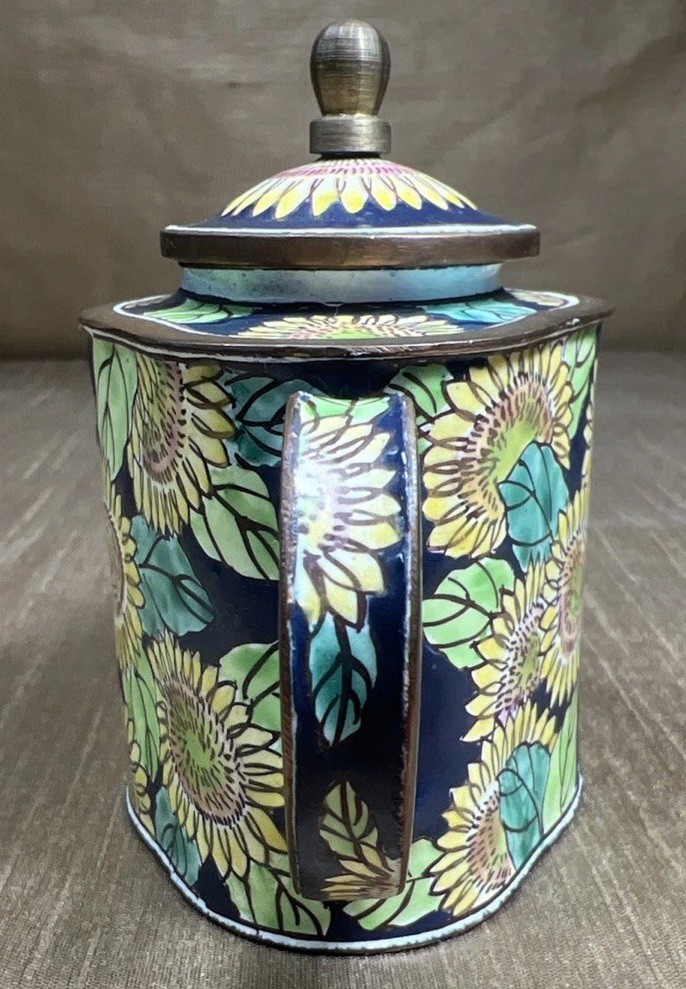 Vintage Kelvin Chen Handpainted Copper Enamel Teapot Van Gogh Sunflower Design