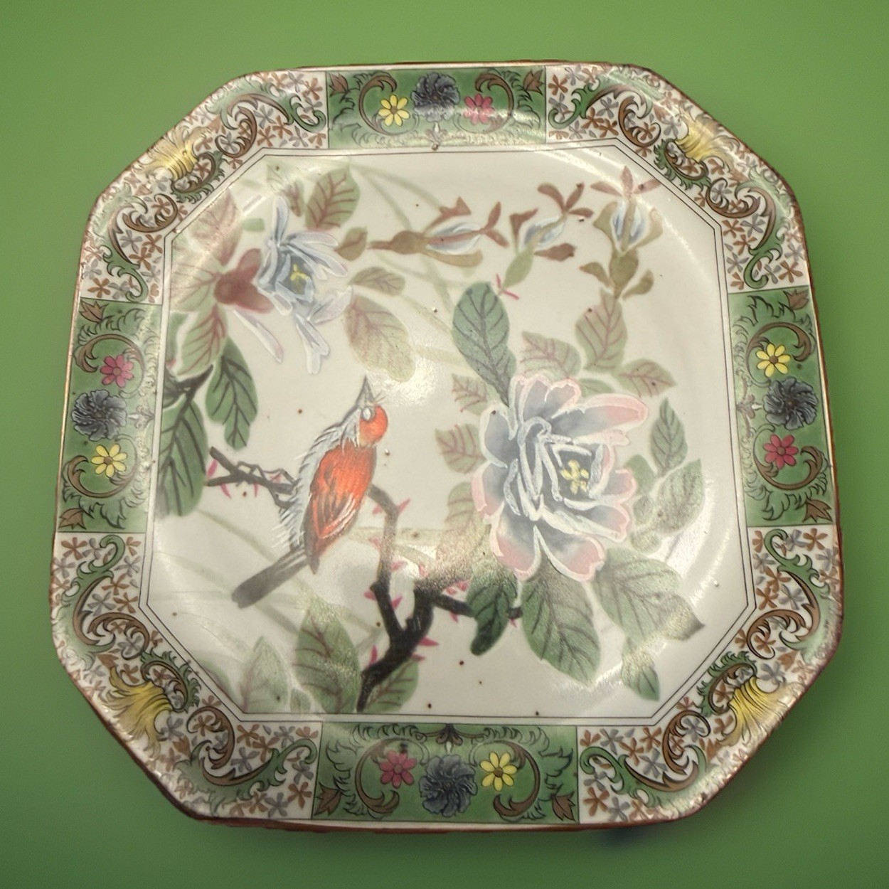 Vintage Andrea by Sadek Hand Painted Multi Colored Porcelain Plate~ Red Bird