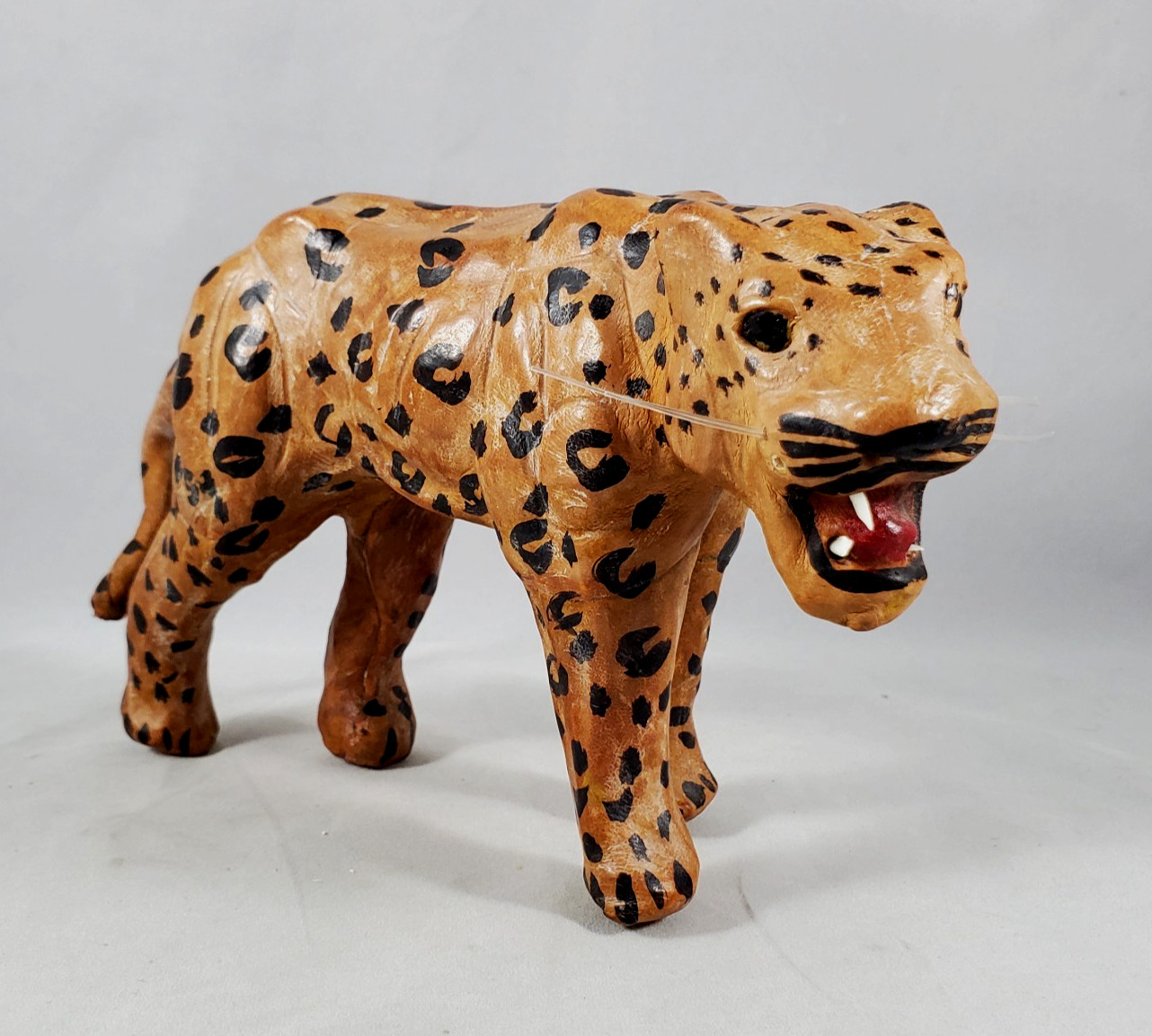 Vtg Leather Wrapped Leopard Jaguar Glass Eyes Figure Wild Cat Safari Animal Flaw
