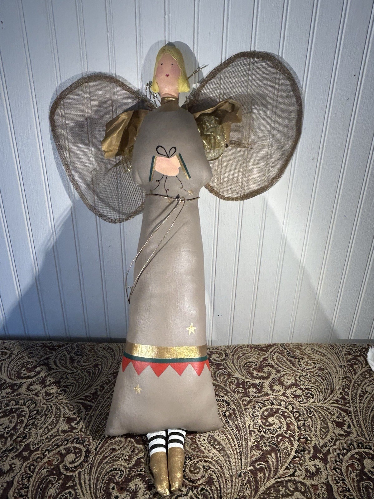 Primitive Folk Art Painted Canvas Angel Wall Hanger 24”