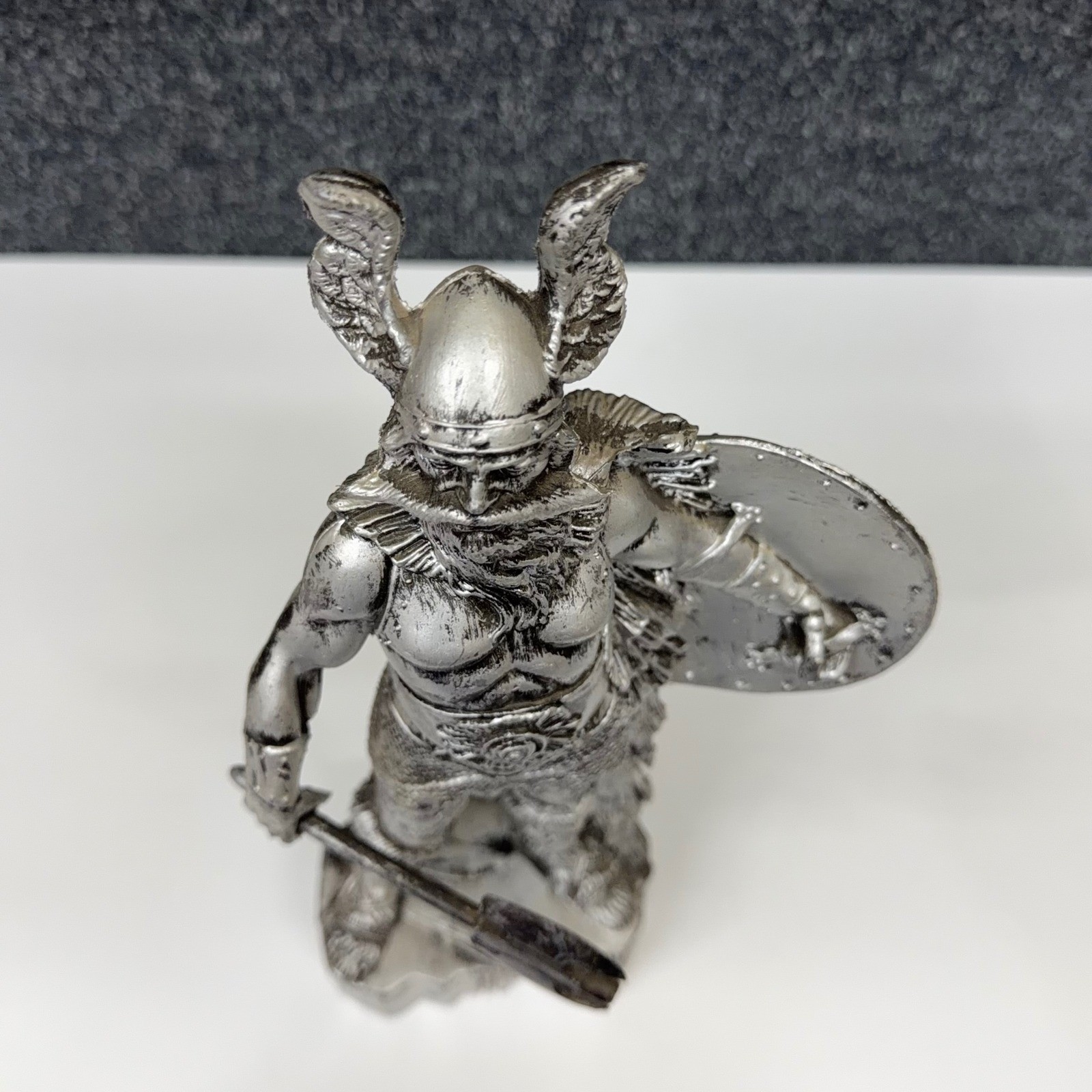 Vtg Enesco Viking Warrior Figurine Faux Silver Tone Norse Barbarian Statue 11.5″