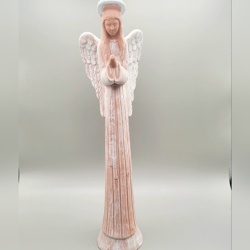 Tall Pink Praying Angel with Shimmering Glitter Wings Candleholder
