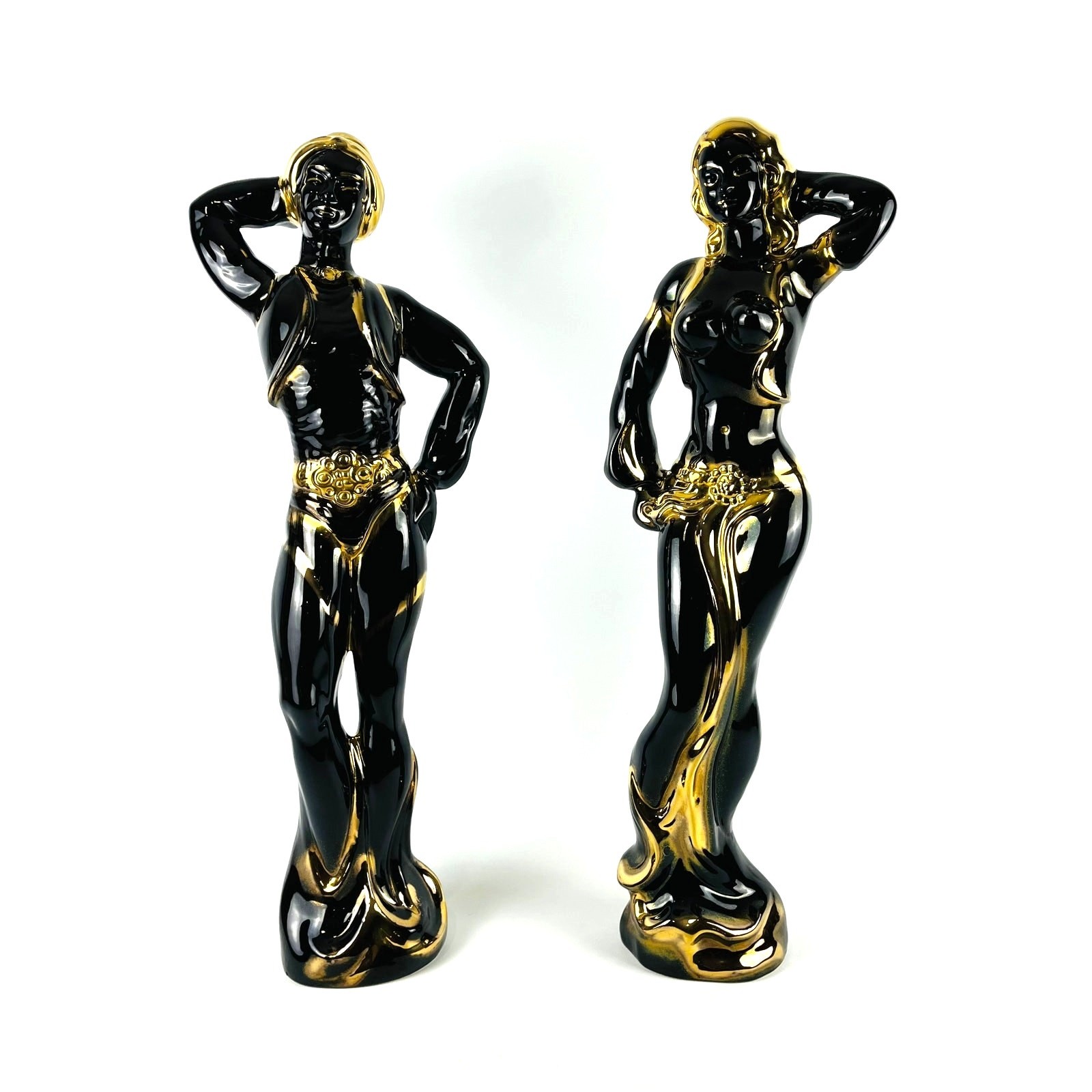 VTG 27″ Black Gold Ceramic Exotic Dancer Pair Hollywood Regency Tiki Blackamoor