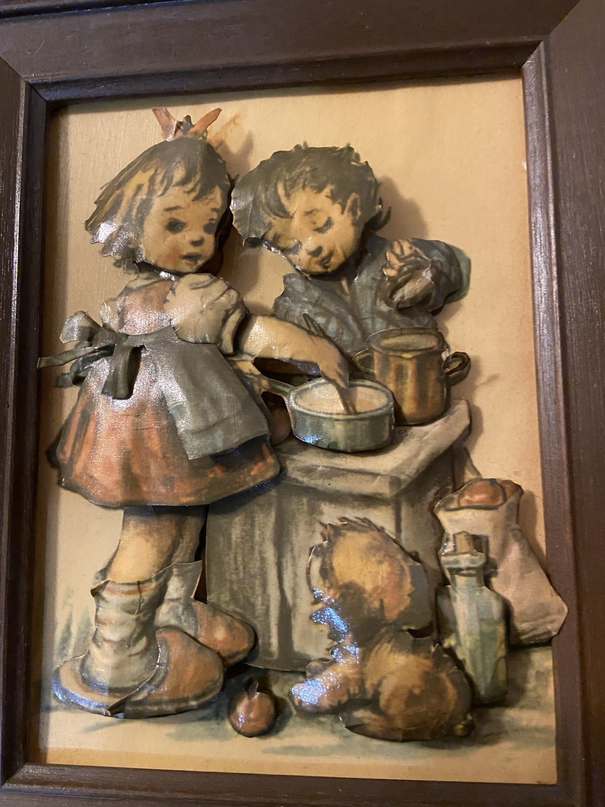 Vintage Hummel Style 3D Framed Paper Tole Shadow Box Art – Kids Cooking