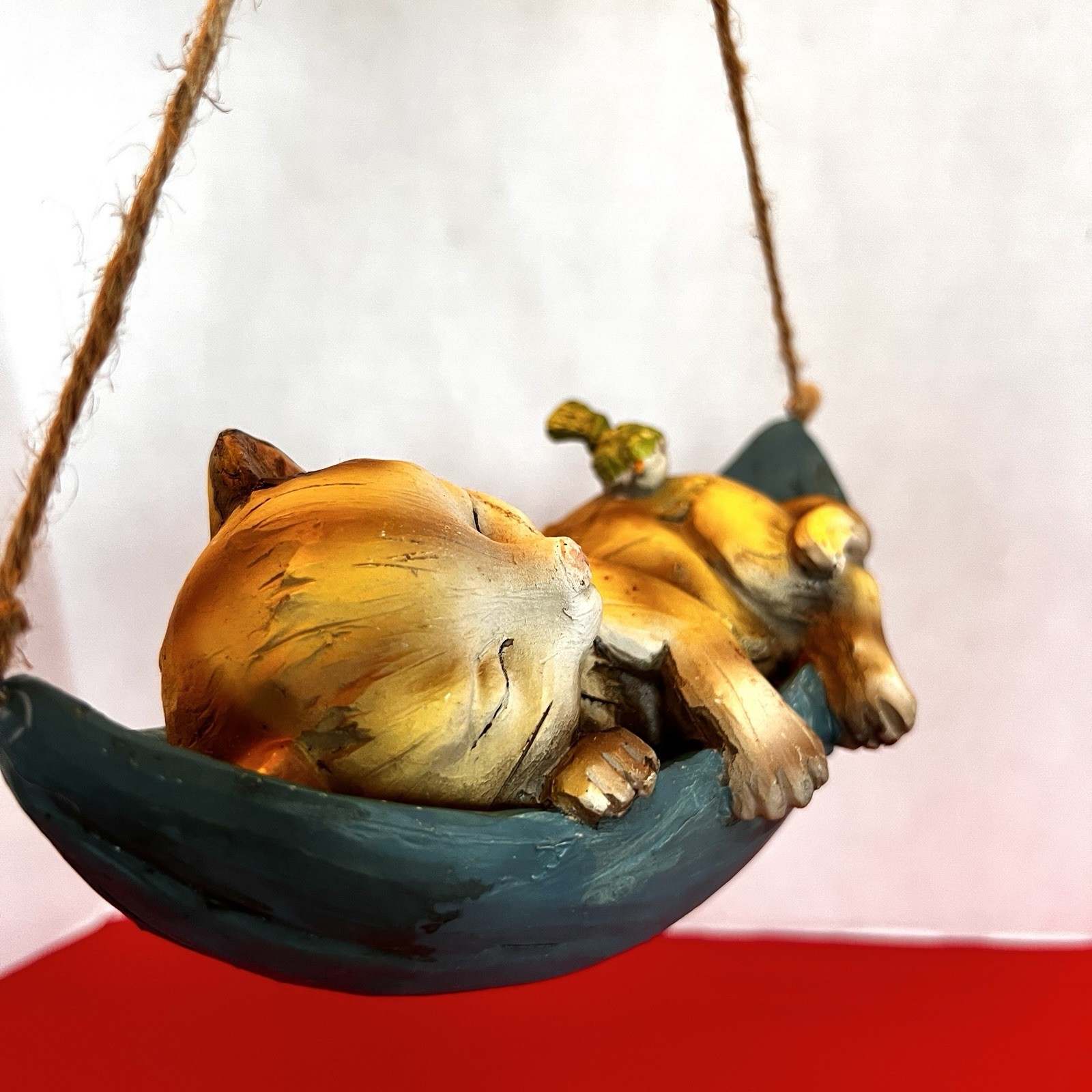 Sleeping Kitten Cat In Leaf Hammock Hanging Figurine 8” With Bird