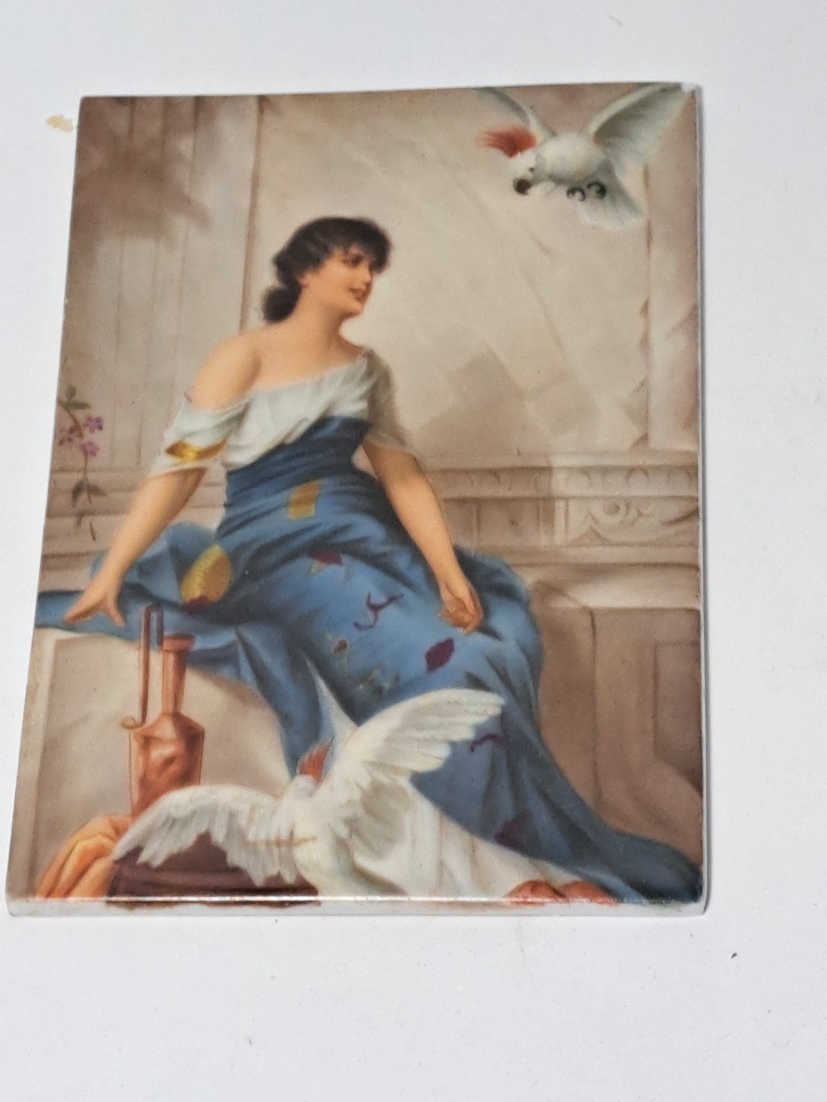 ANTIQUE GERMANY HAND PAINTED LADY WITH BIRDS COCKTOOS 6.25″ X 4.25″ GRANNY CORE