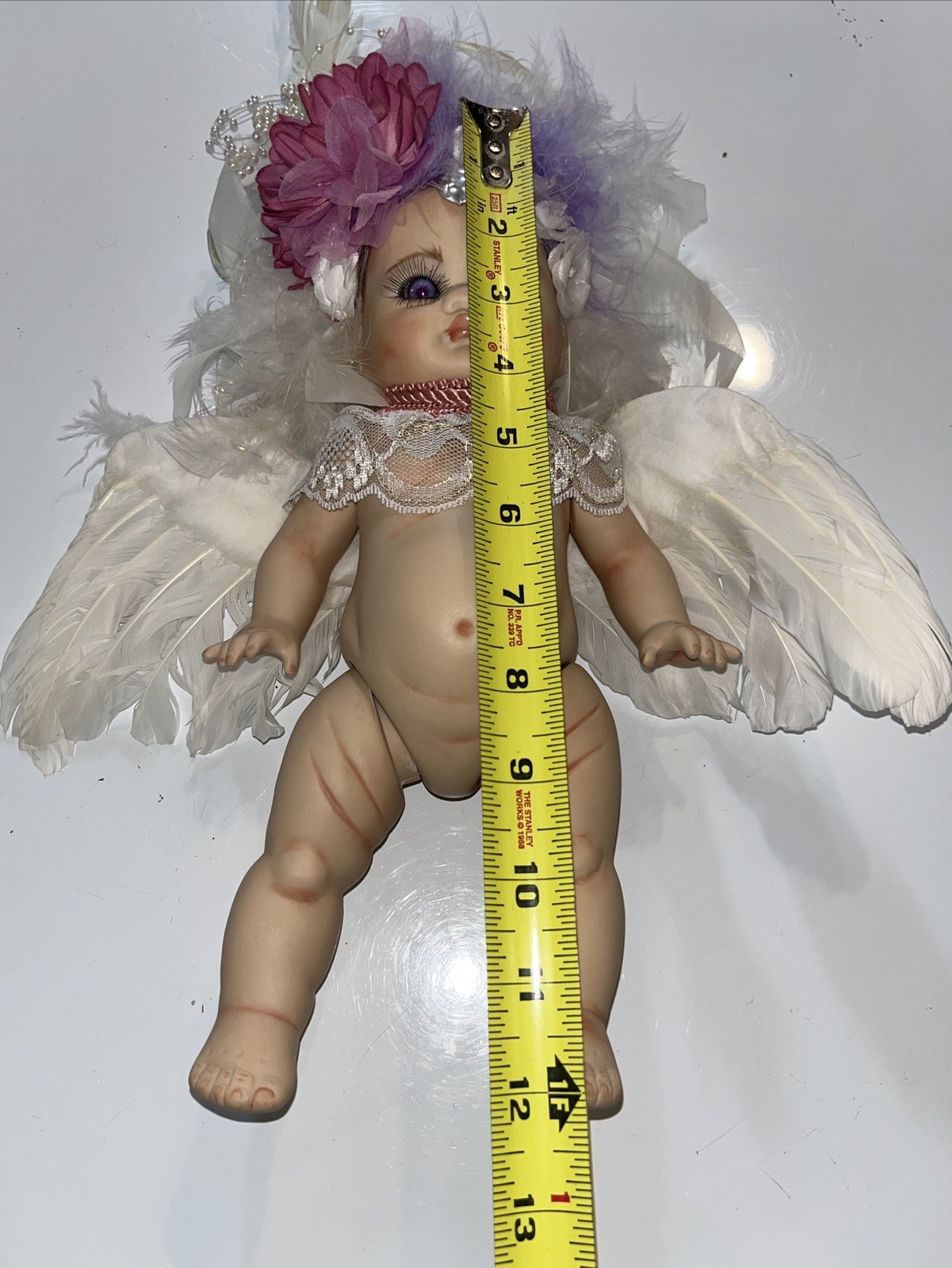 Vntg Fantasy Fairy / Cherub Style Art Doll w/ Feather Wings & Floral Headdress